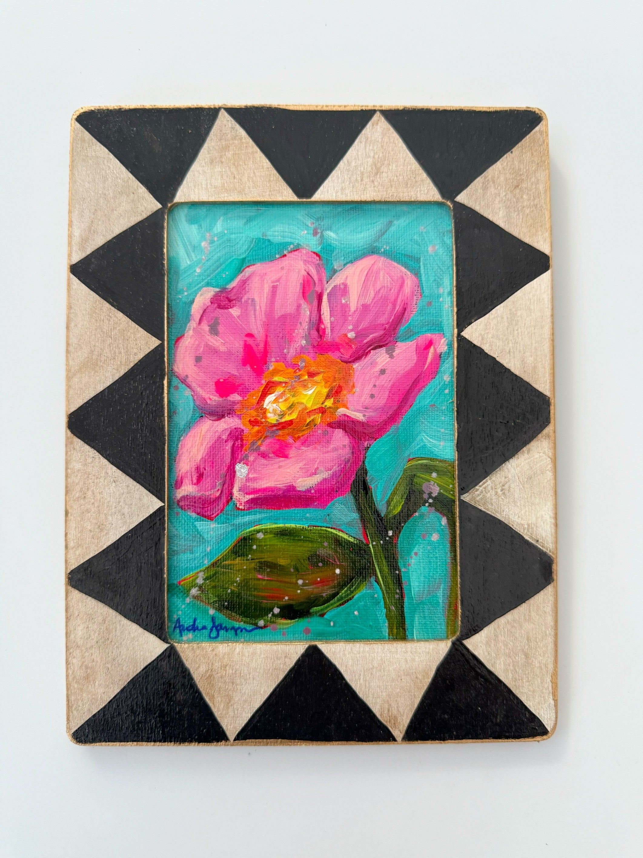 Framed Original Floral Painting on Canvas - Pink Stem