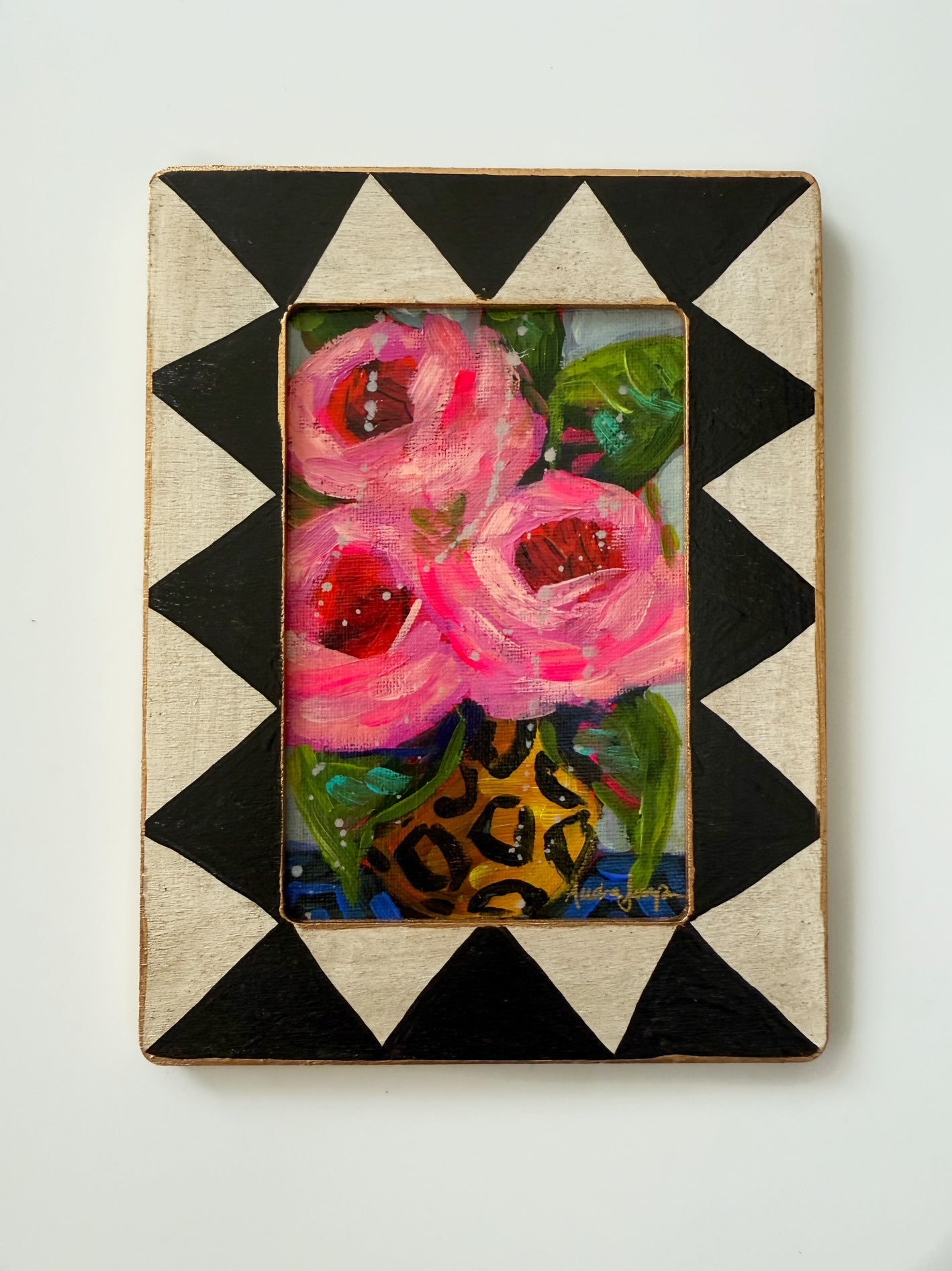 Framed Original Floral Painting on Canvas - Pink Roses in Cheetah Vase