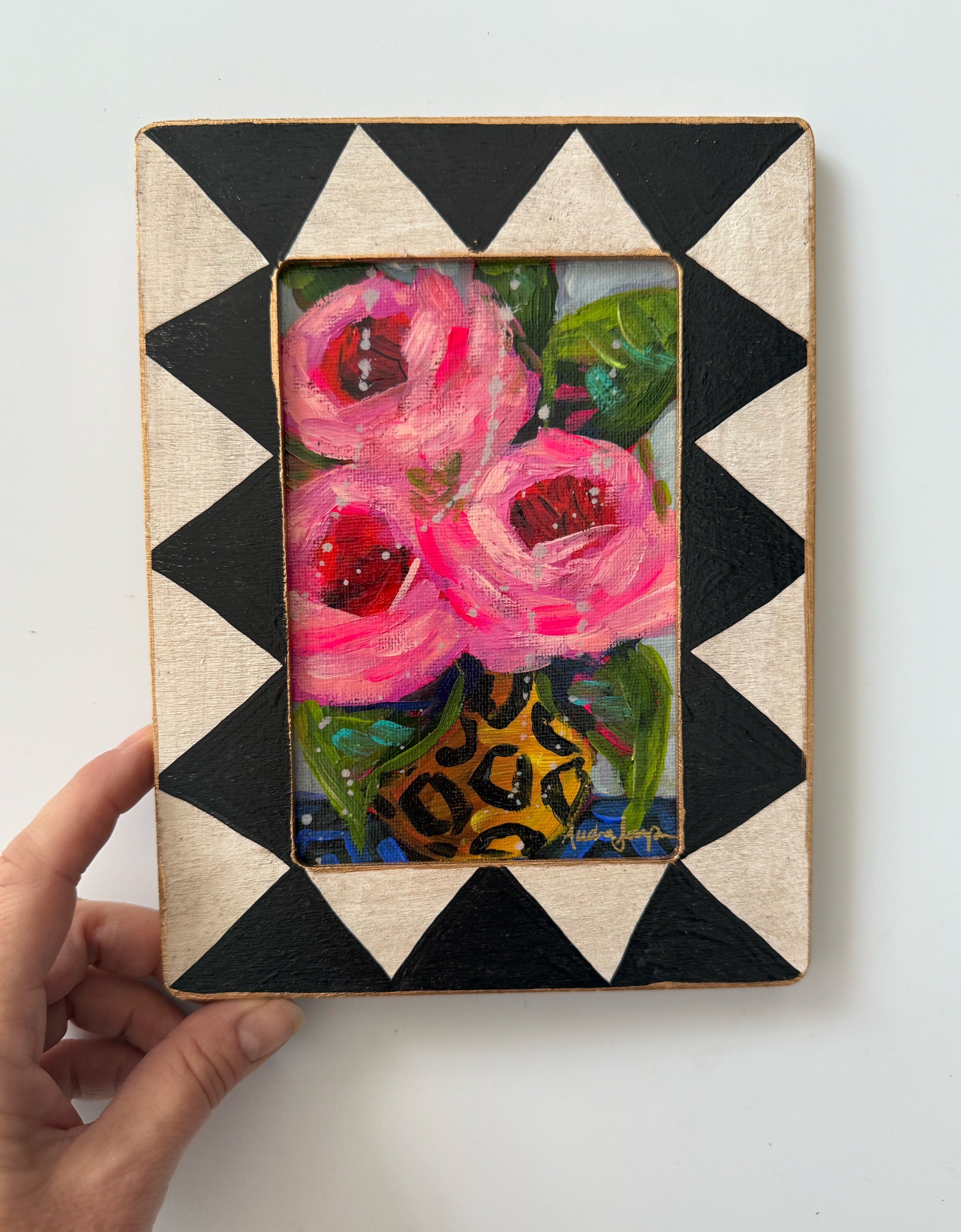 Framed Original Floral Painting on Canvas - Pink Roses in Cheetah Vase
