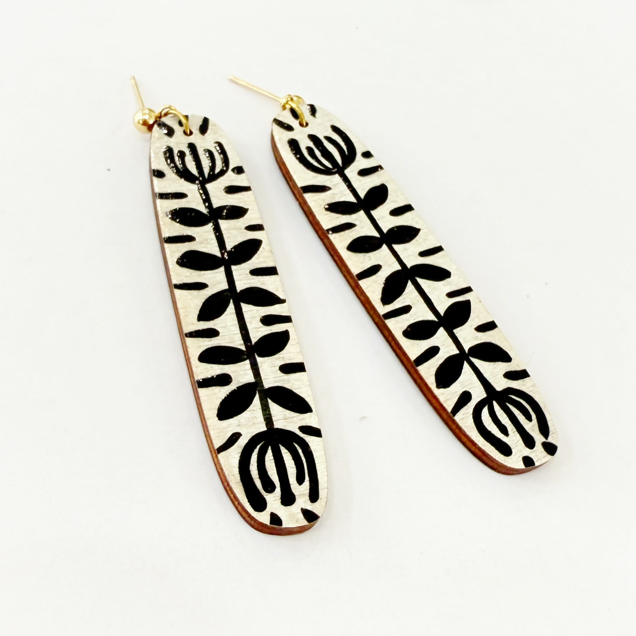Black and White Hand Painted Folk Art Dangle Earrings