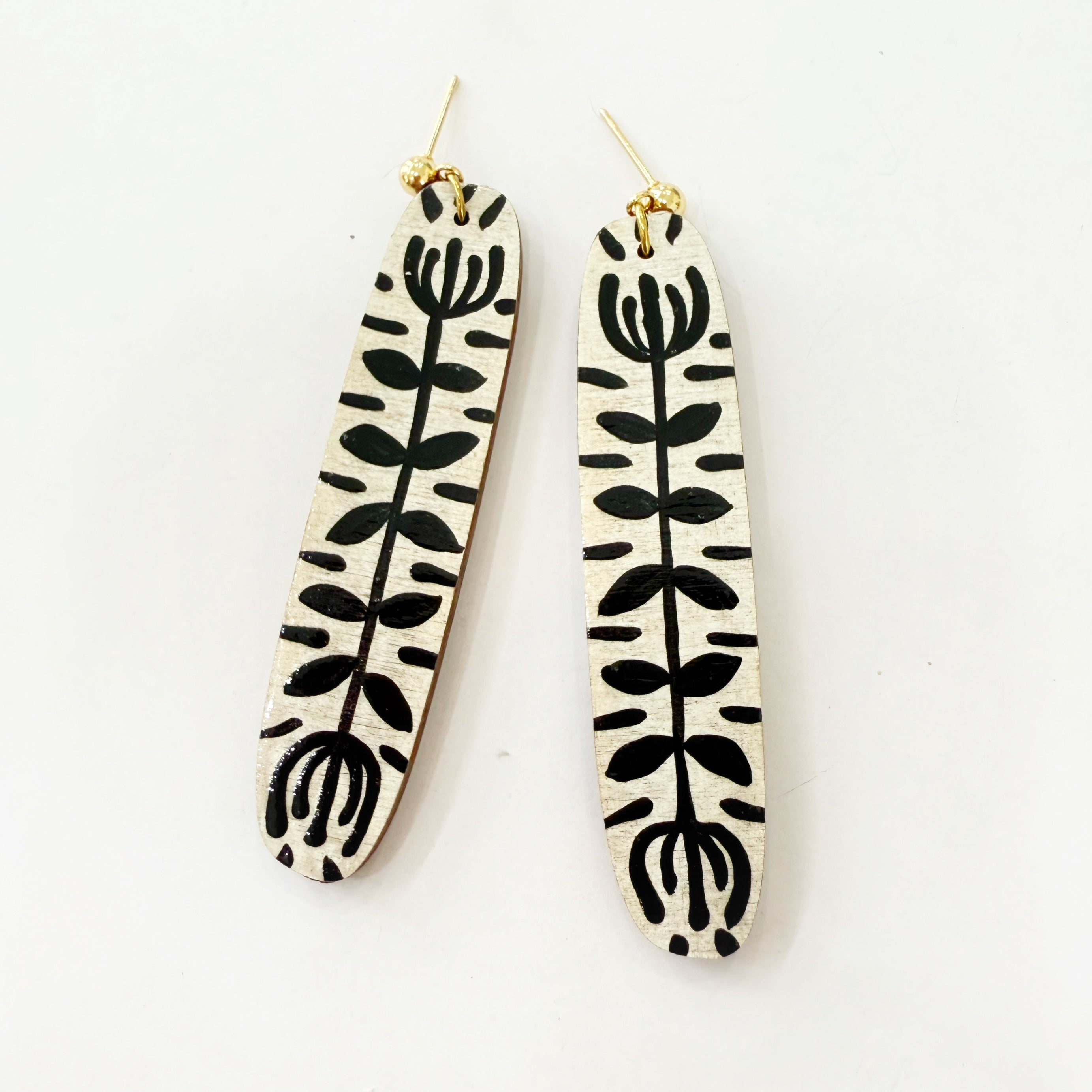 Black and White Hand Painted Folk Art Dangle Earrings