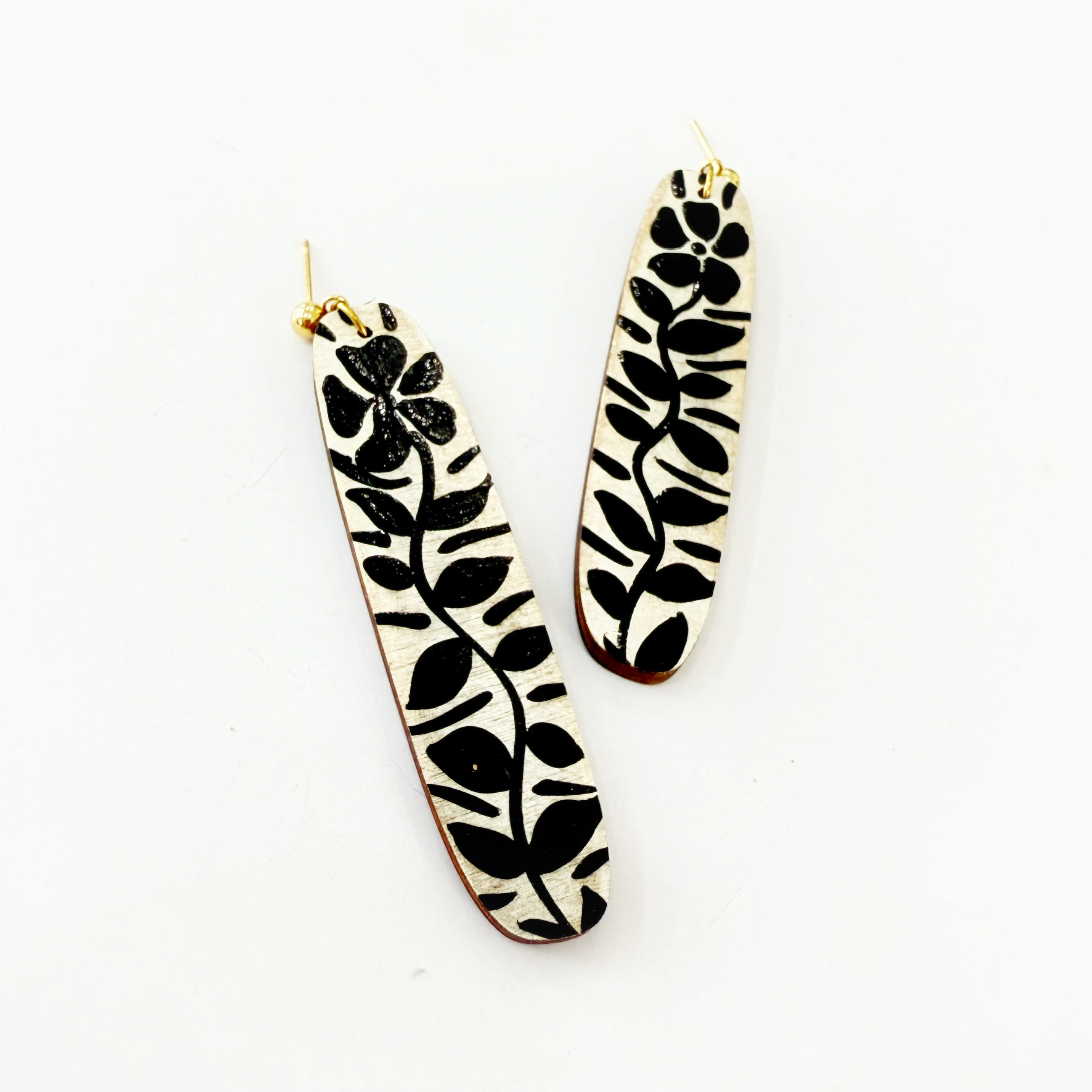 Black and White Hand Painted Folk Art Dangle Earrings