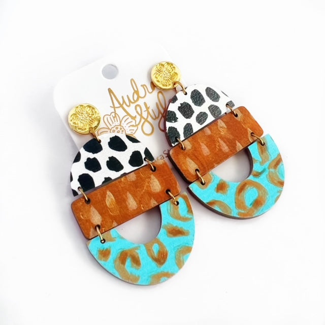 Western Bela - Black Polka Dot Caramel Pattern Turquoise Leopard Print Earring