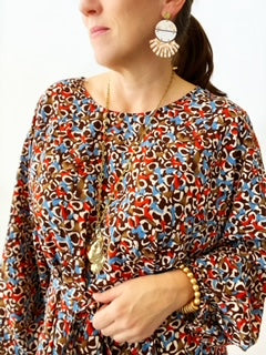 Roxie - Tulip Flora Print Plaid Navy Polka Dot Mix Print Earring