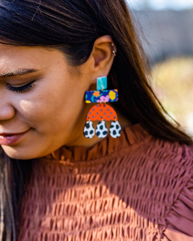 Shelly - Tulip on Navy Floral Print Black Polka Dot Mix Print Earring