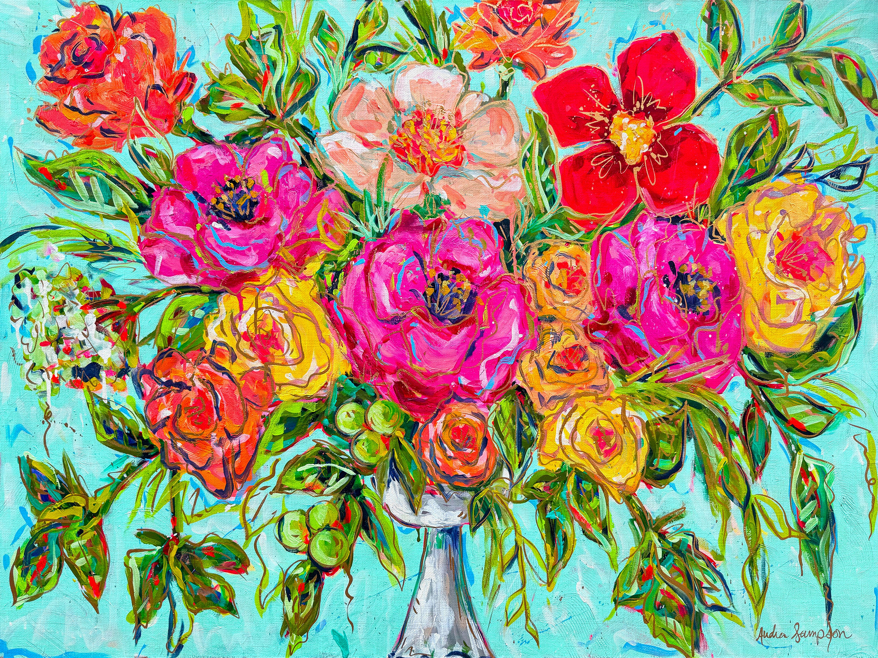 Original Milk Glass Floral Painting on 48"Wx36"T Canvas - Colorful Bouquet