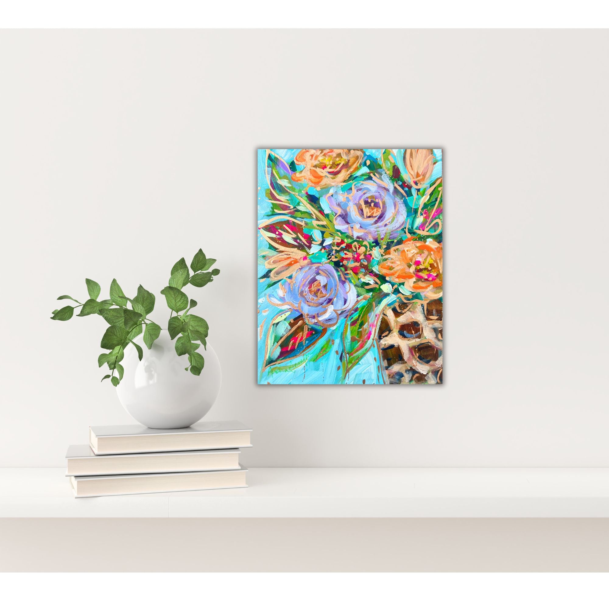 Purple Orange Floral Leopard Vase Reproduction Print - On Paper or Canvas