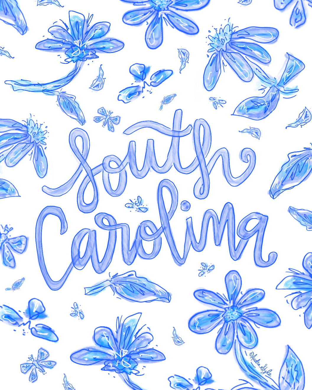 Blue and White South Carolina Floral Reproduction Print