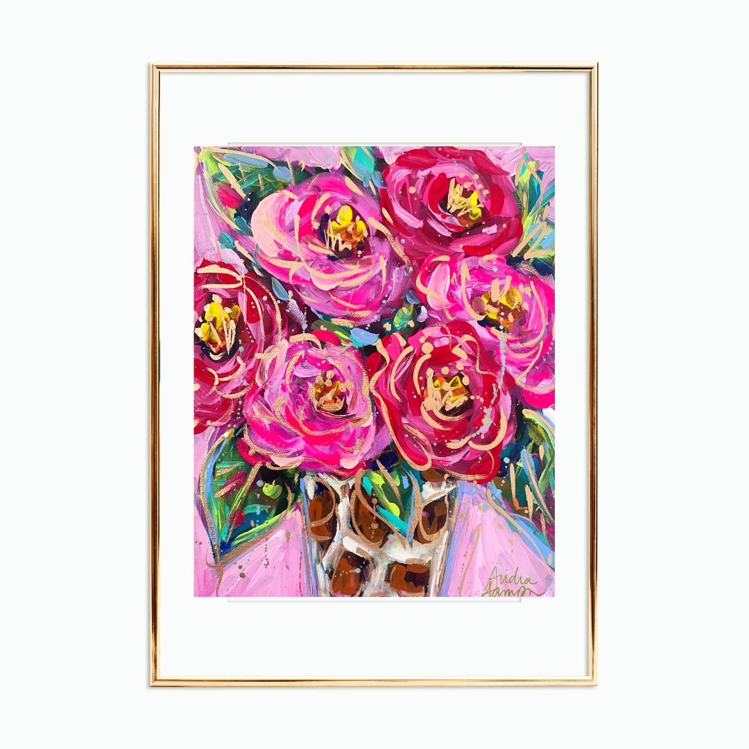 Red Pink Roses Leopard Vase Reproduction Print - On Paper or Canvas