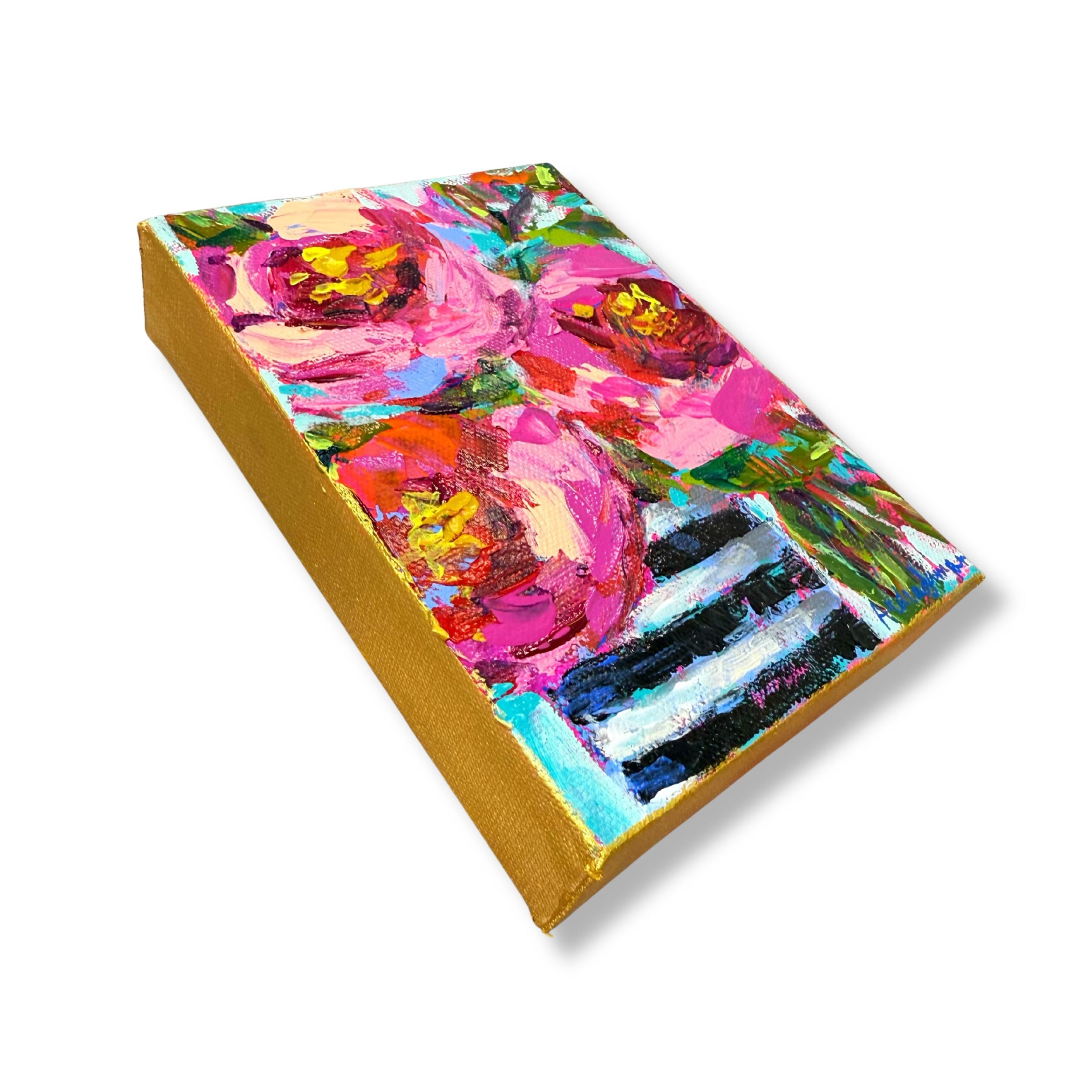 "Roses and Black Stripes" Floral Bouquet Original 5x7" Painting on Gallery Wrapped Canvas