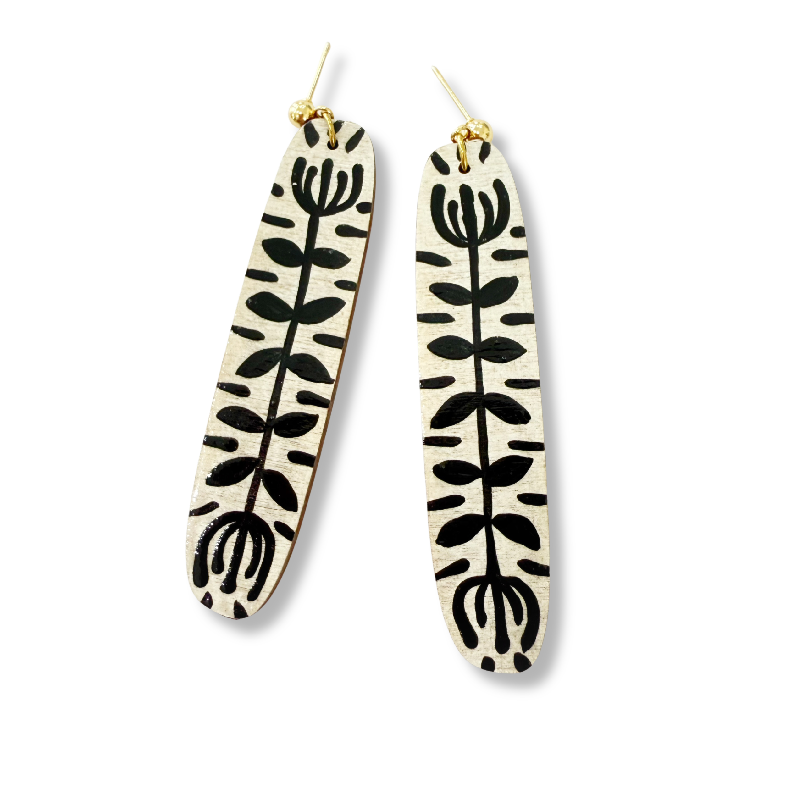 Black and White Hand Painted Folk Art Dangle Earrings