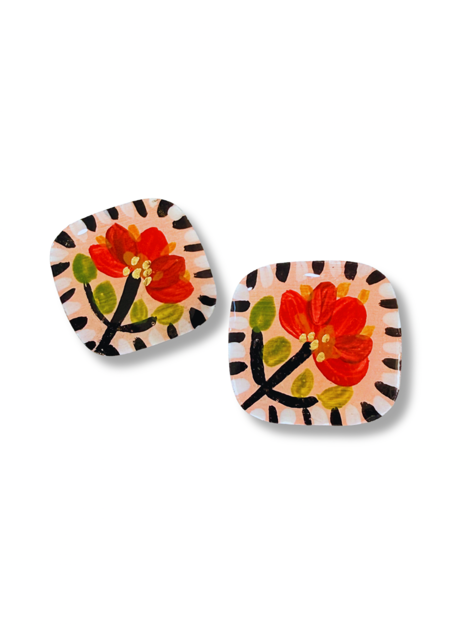 Red Folk Flower Stud Earrings — Hand Painted Wood — One of a Kind