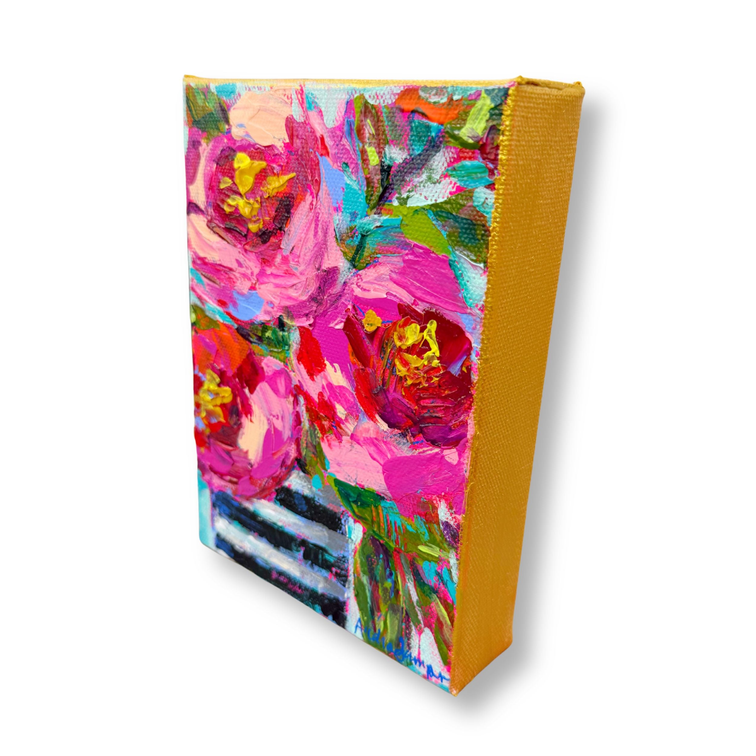 "Roses and Black Stripes" Floral Bouquet Original 5x7" Painting on Gallery Wrapped Canvas