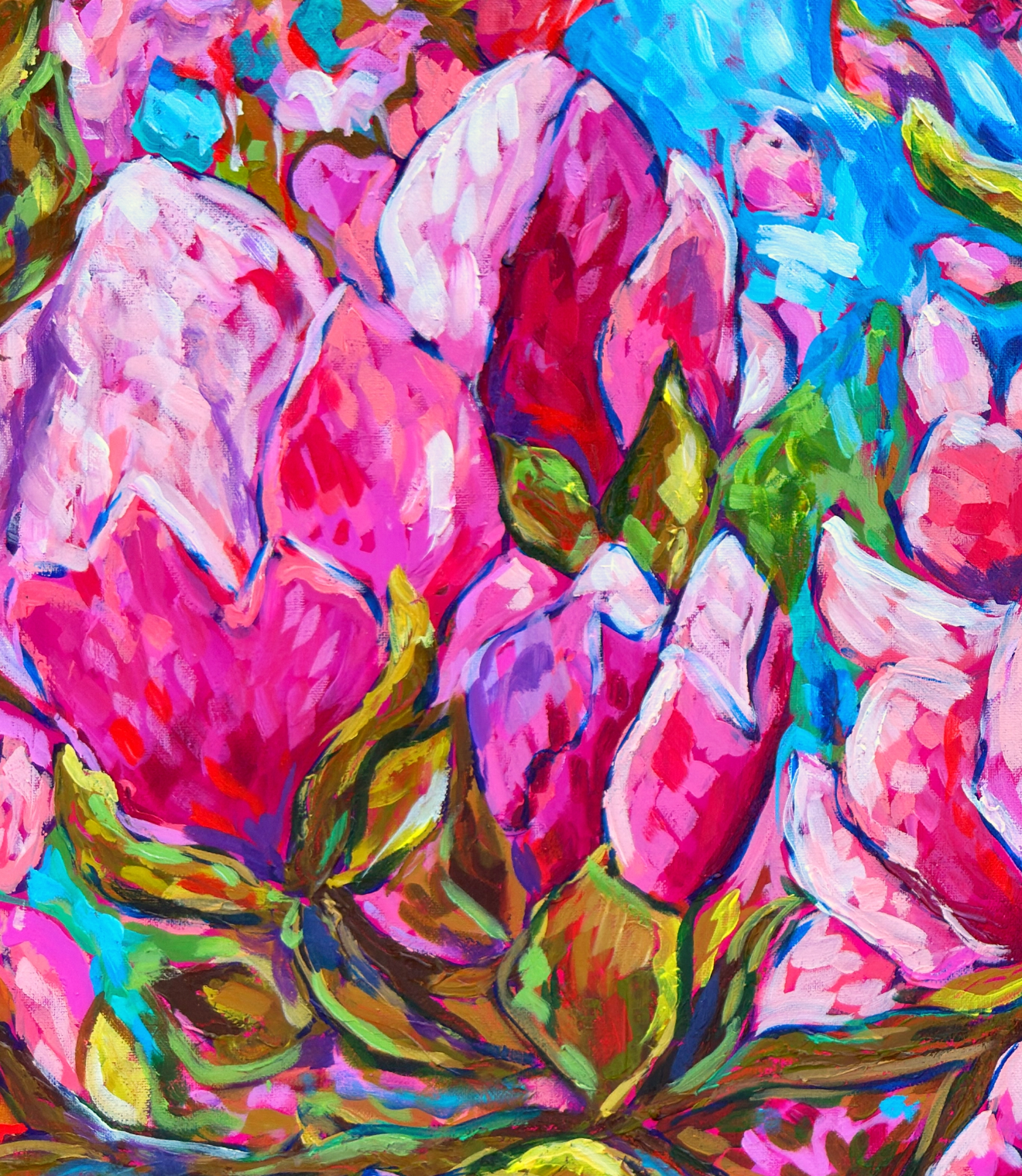 Original Pink Magnolia Blooms Floral Painting on 48"Wx36"T Canvas - Colorful Bouquet