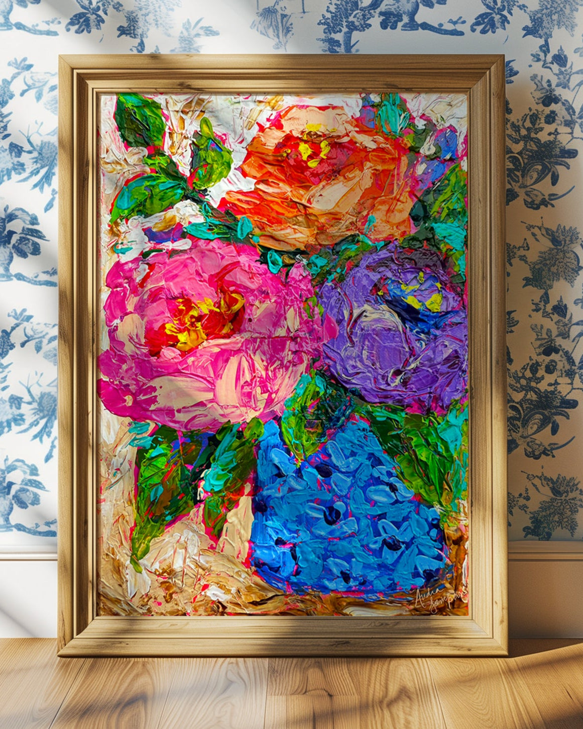 Absorbed Floral Art Print on Paper or Canvas - Blue White Maximalist Flower Bouquet Art Poster