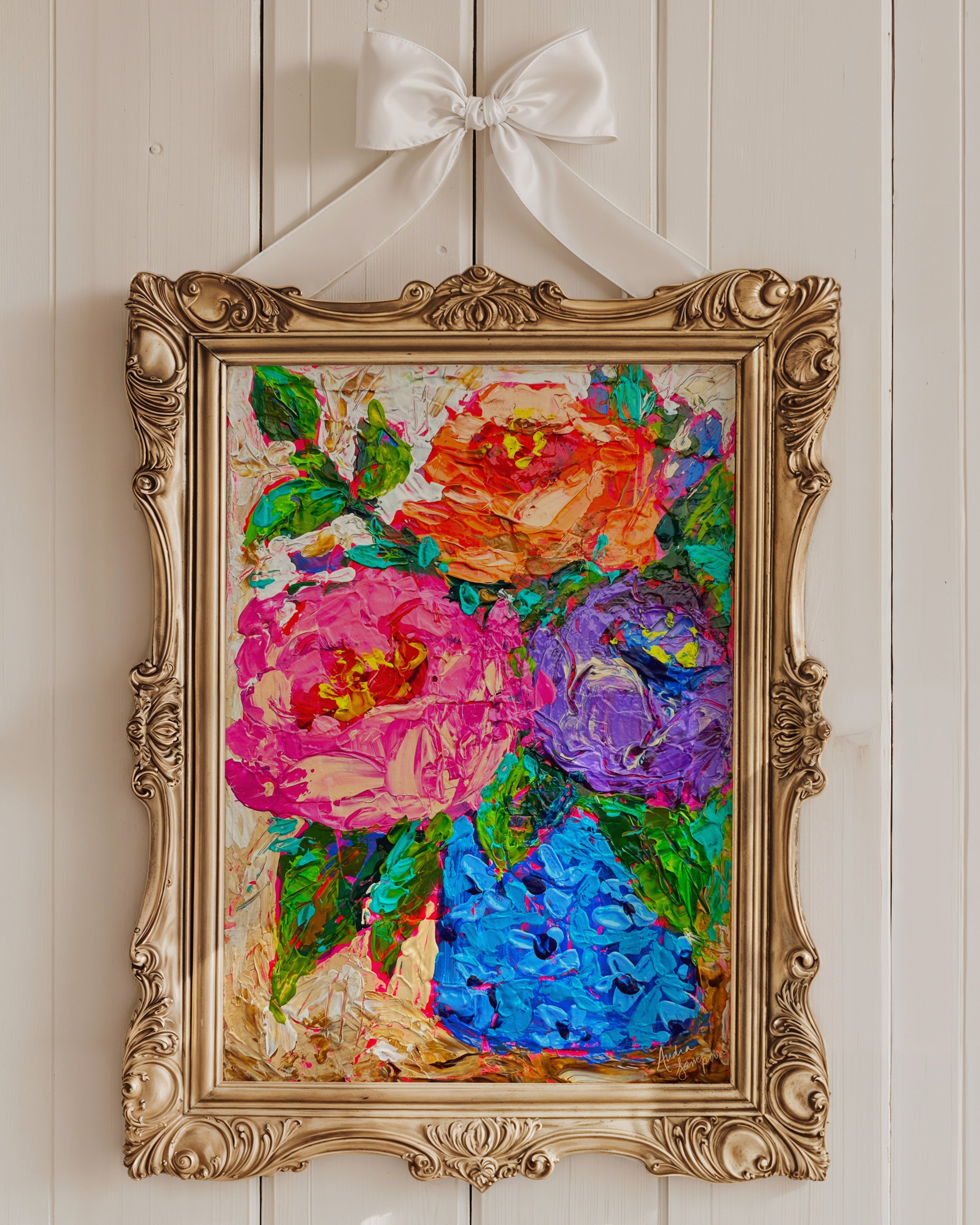 Absorbed Floral Art Print on Paper or Canvas - Blue White Maximalist Flower Bouquet Art Poster