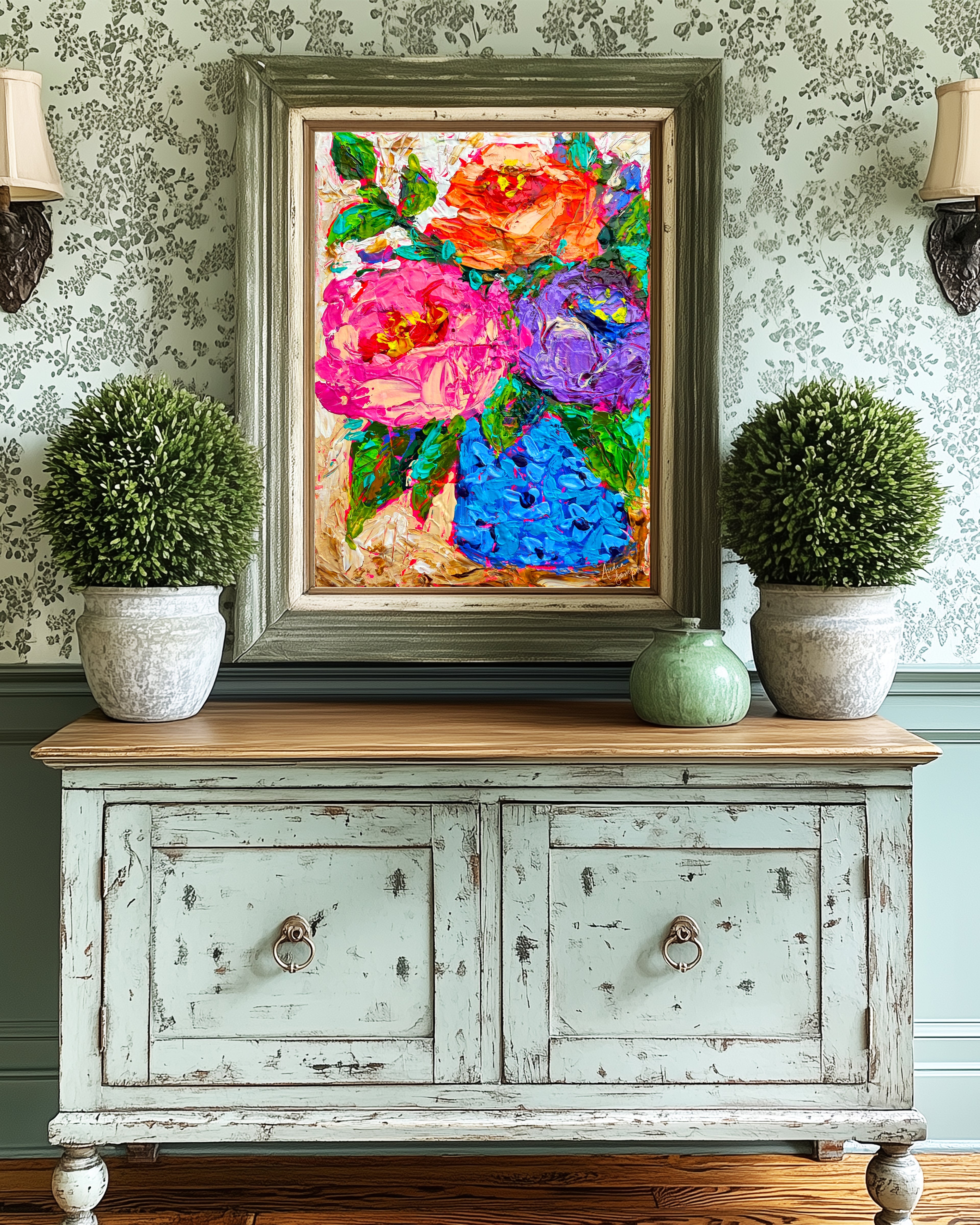 Absorbed Floral Art Print on Paper or Canvas - Blue White Maximalist Flower Bouquet Art Poster