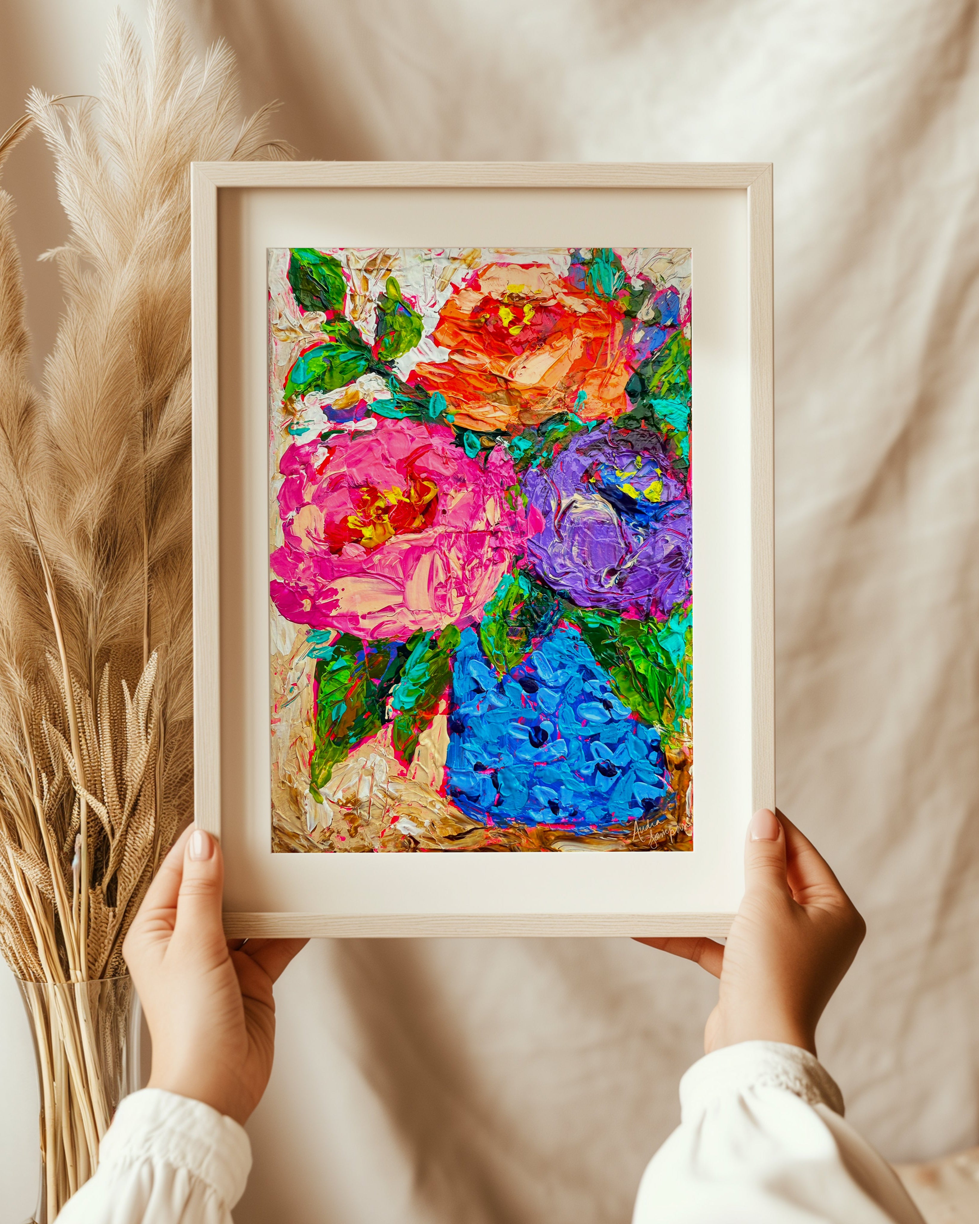 Absorbed Floral Art Print on Paper or Canvas - Blue White Maximalist Flower Bouquet Art Poster