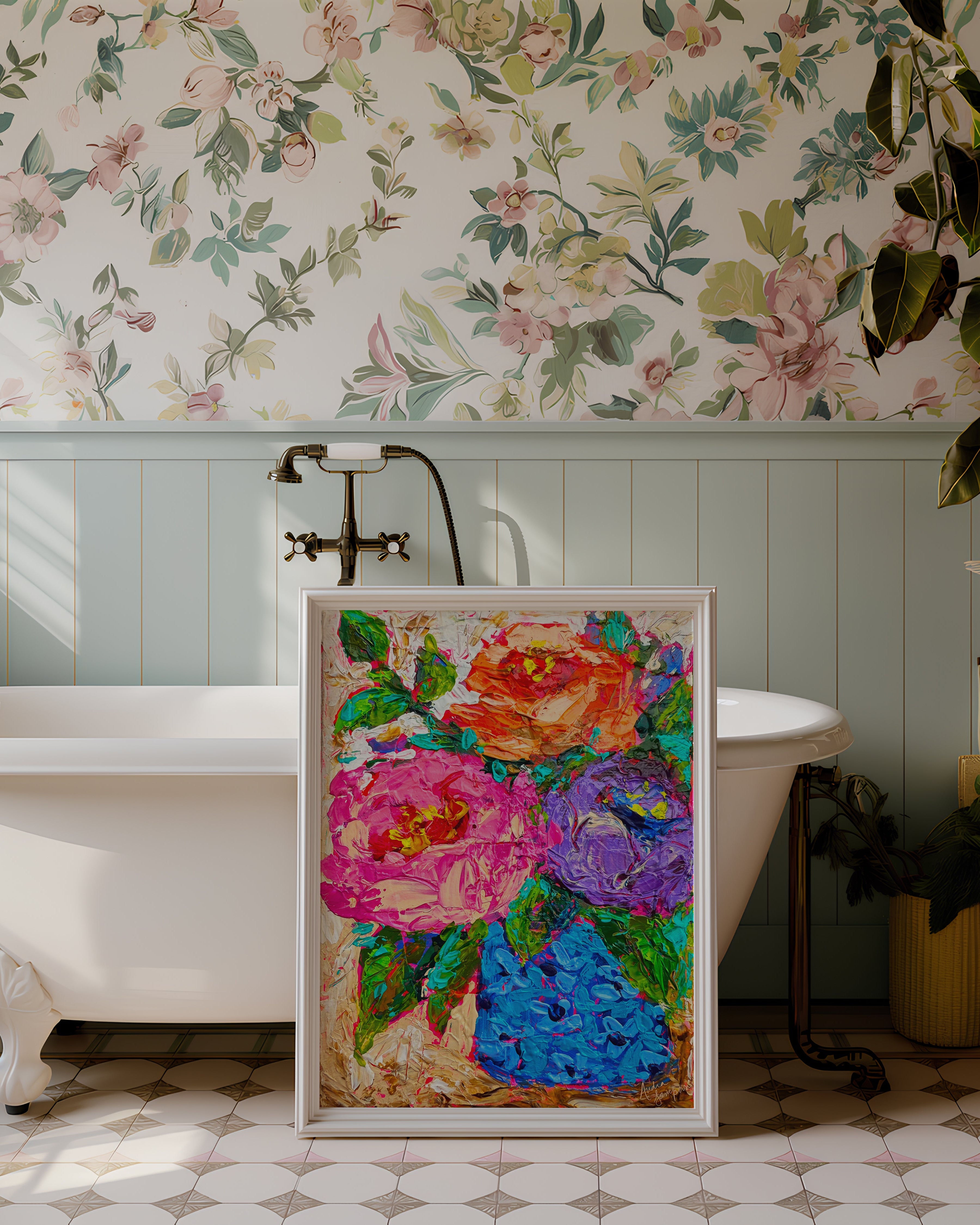 Absorbed Floral Art Print on Paper or Canvas - Blue White Maximalist Flower Bouquet Art Poster