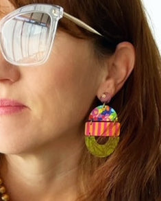 Bela - Vivi Flower Print Stripe Olive Zigzag Pattern Earring