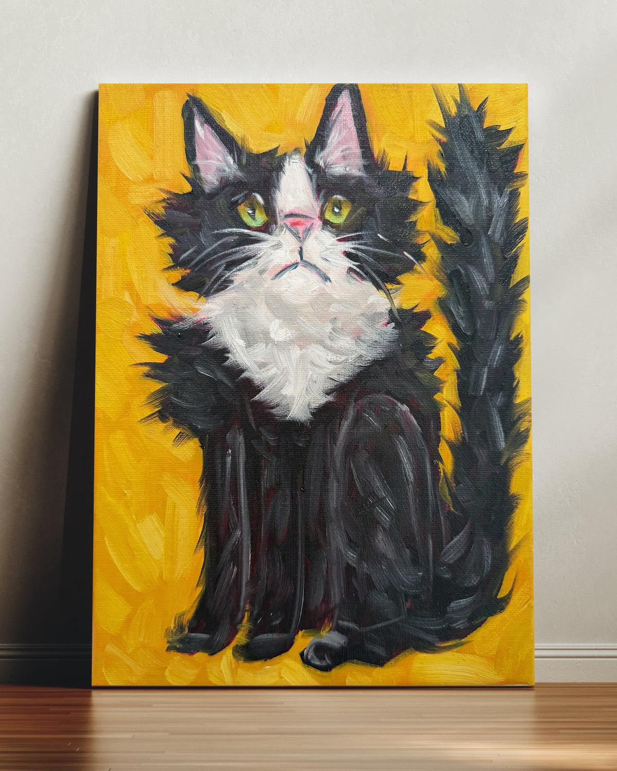 Black and White Fluffy Cat Art Print on Paper or Canvas - Kitty Cat Art Poster