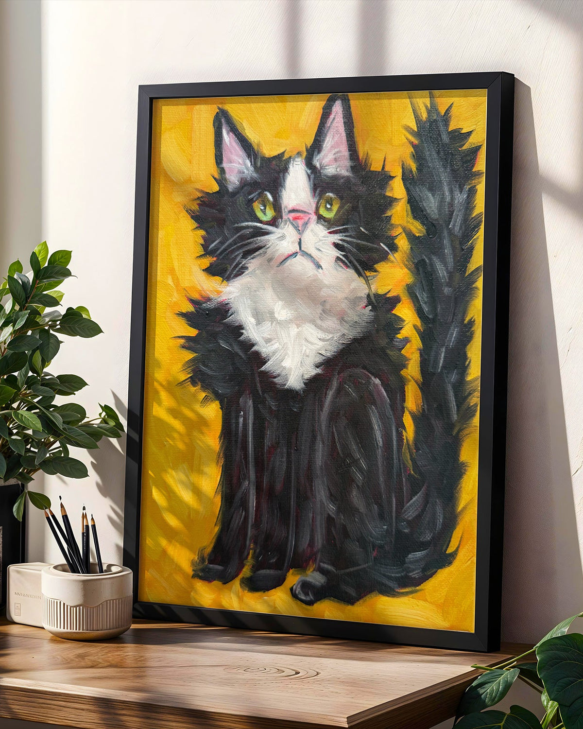 Black and White Fluffy Cat Art Print on Paper or Canvas - Kitty Cat Art Poster