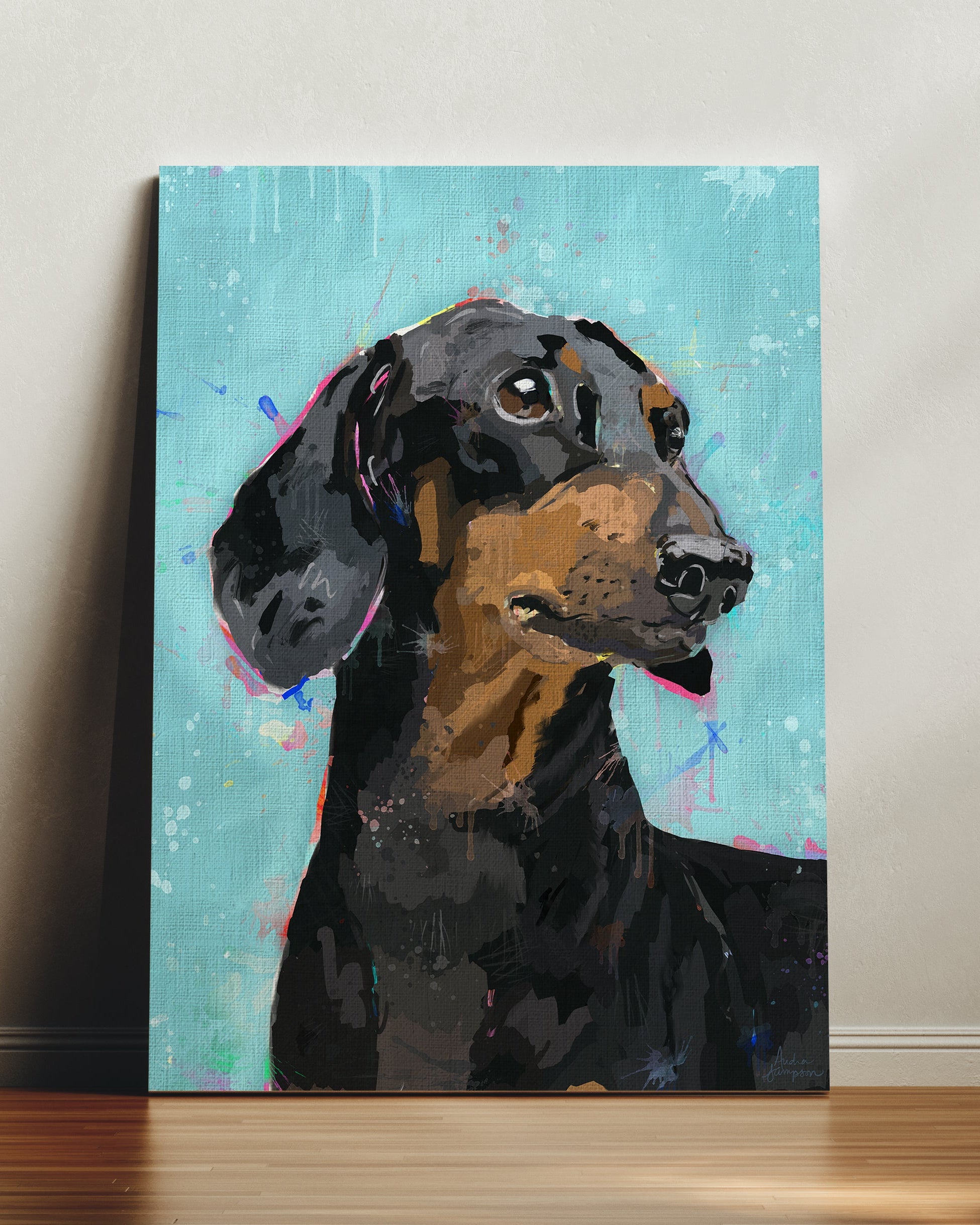 Black and Tan Dachshund Dog Doggie Art Print on Paper or Canvas - Colorful Decor, Maximalist Art Poster