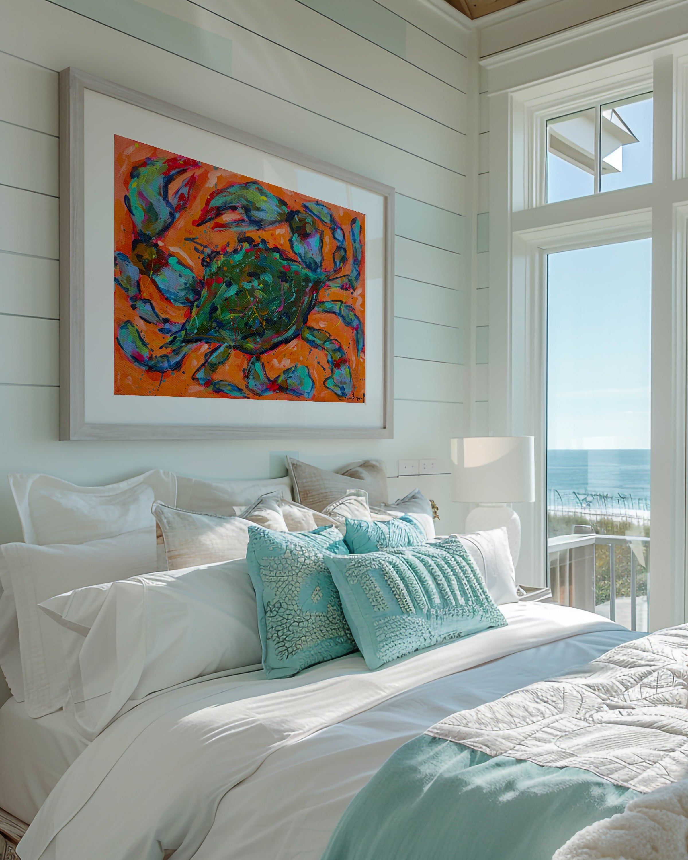 Blue Crab on Orange Whimsical Coastal Art Print - Paper or Canvas
