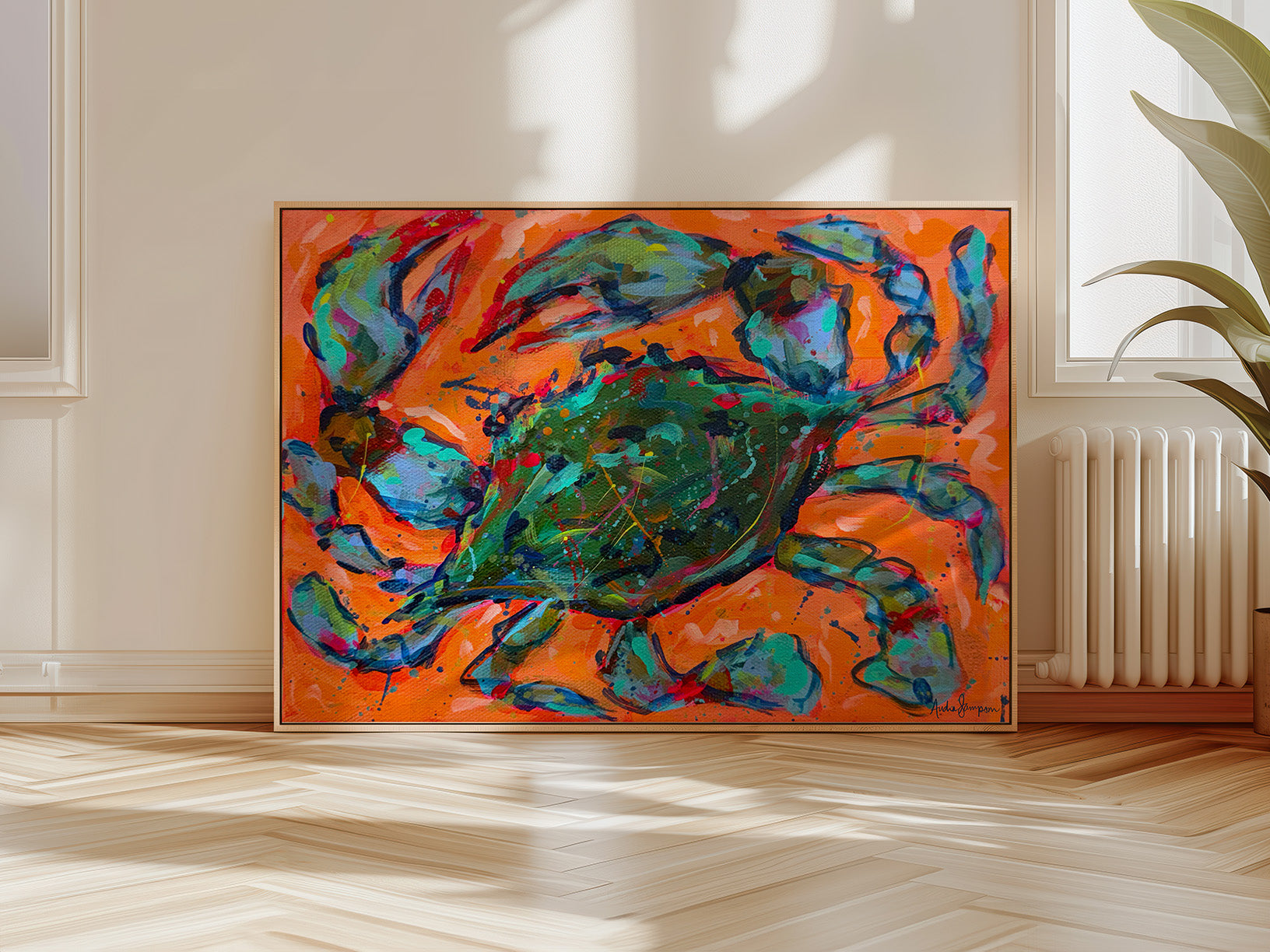Blue Crab on Orange Whimsical Coastal Art Print - Paper or Canvas