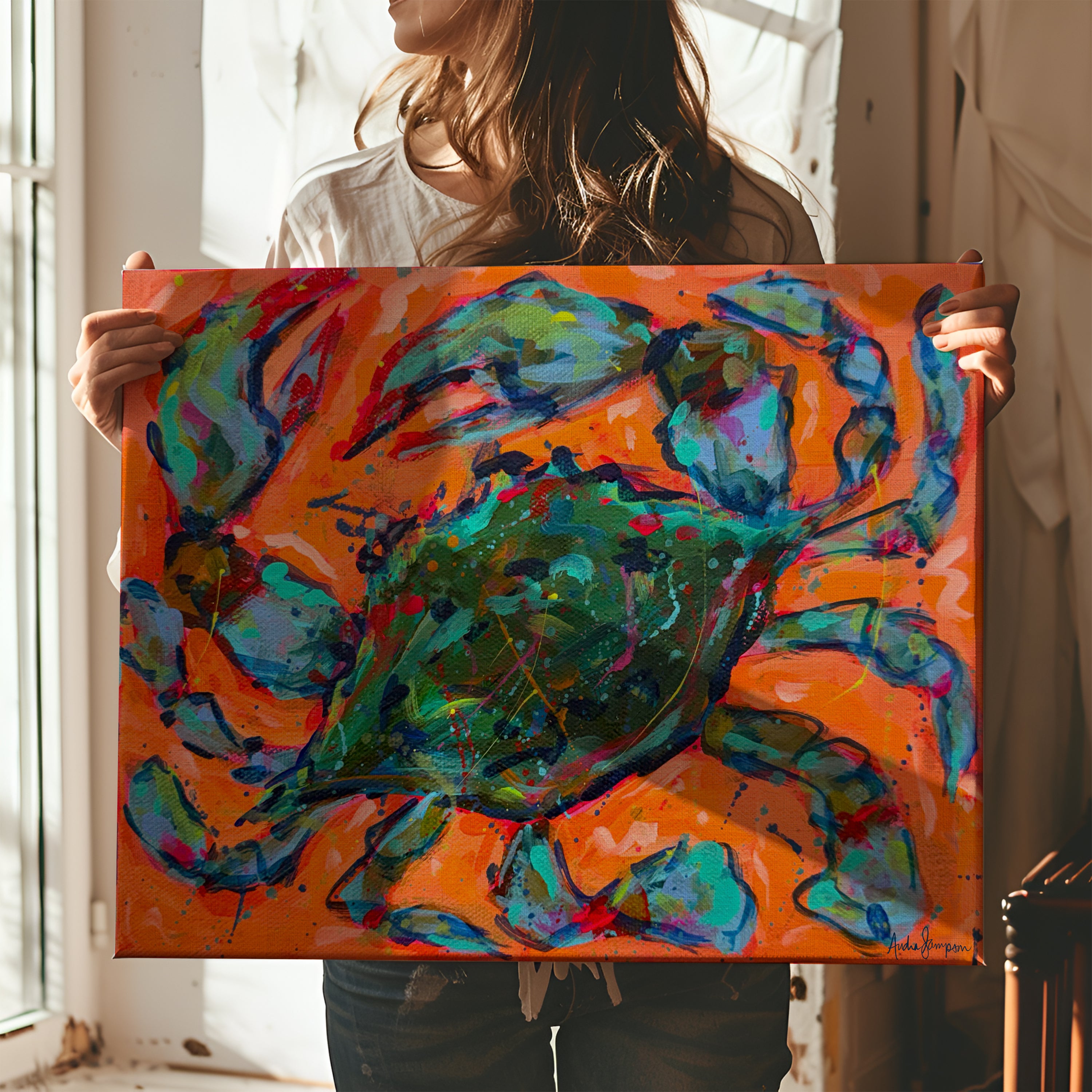 Blue Crab on Orange Whimsical Coastal Art Print - Paper or Canvas