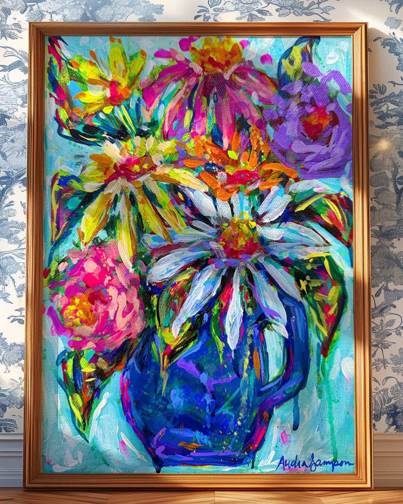 Blue Jug Floral Art Print on Paper or Canvas - Blue White Maximalist Flower Bouquet Art Poster