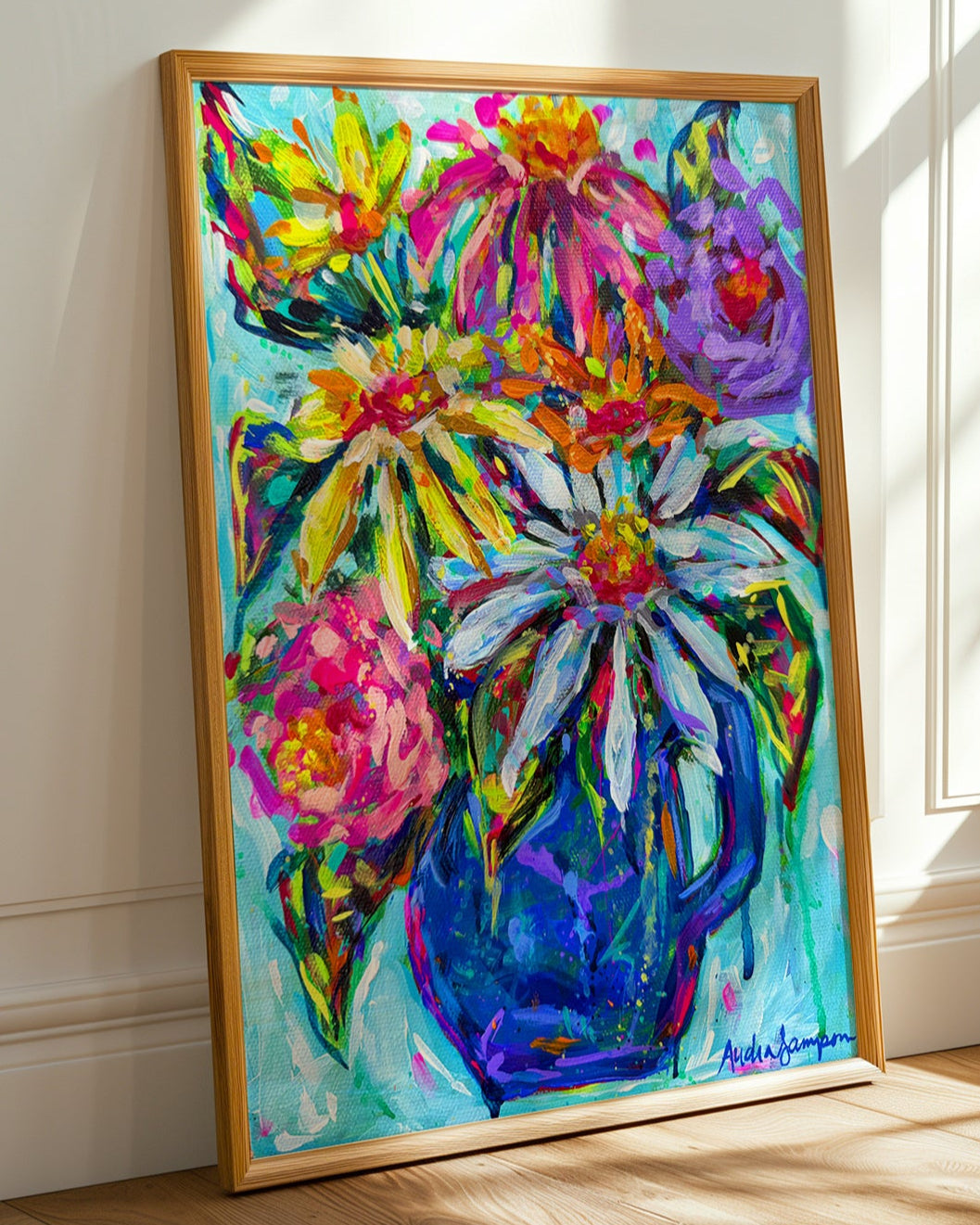 Blue Jug Floral Art Print on Paper or Canvas - Blue White Maximalist Flower Bouquet Art Poster