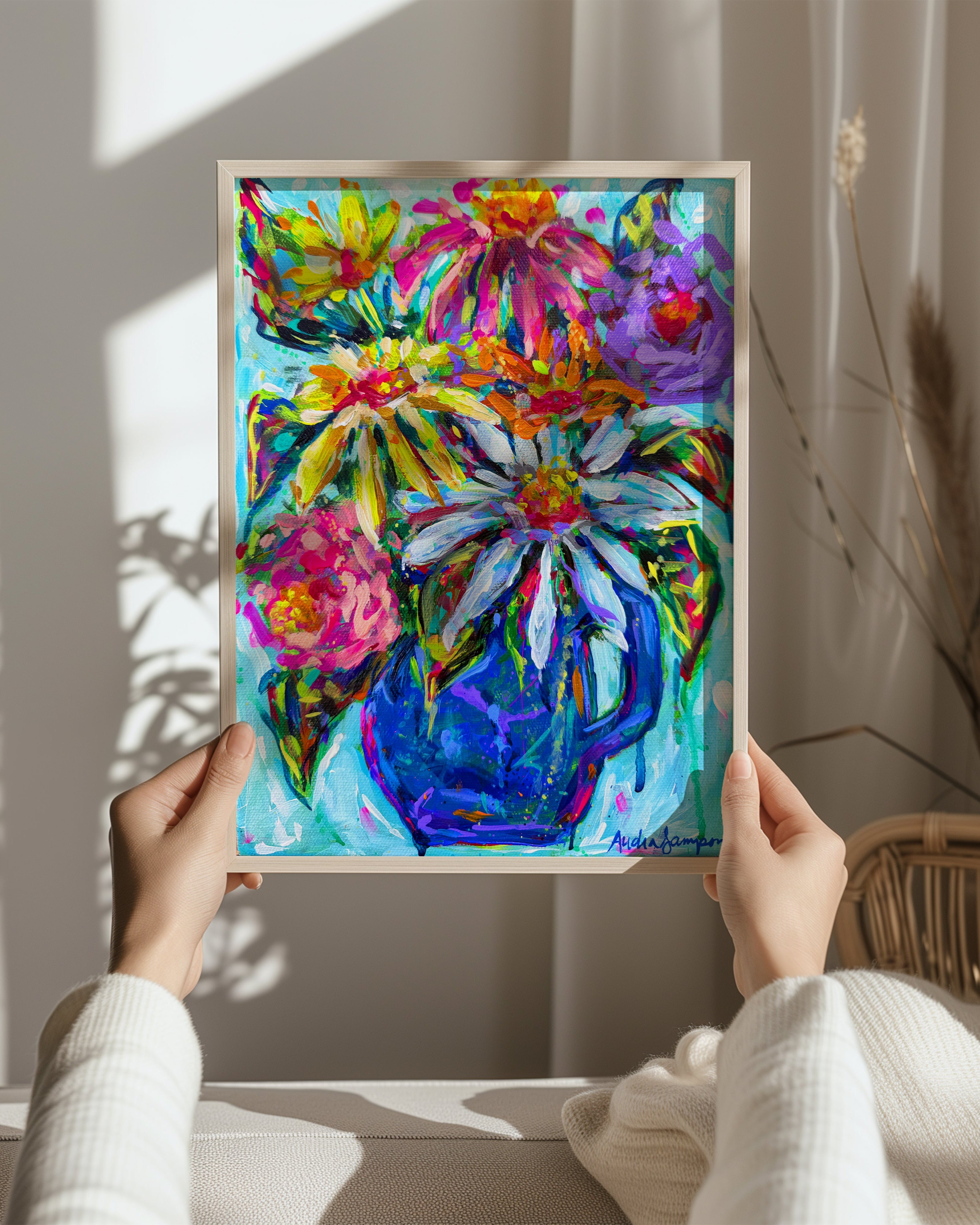 Blue Jug Floral Art Print on Paper or Canvas - Blue White Maximalist Flower Bouquet Art Poster
