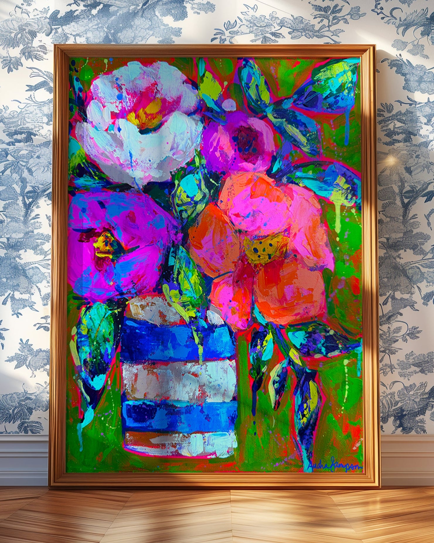 Blue Stripe Vase Floral Art Print on Paper or Canvas - Blue White Maximalist Flower Bouquet Art Poster