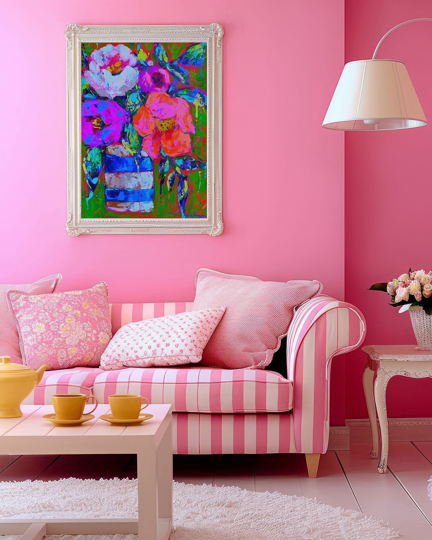 Blue Stripe Vase Floral Art Print on Paper or Canvas - Blue White Maximalist Flower Bouquet Art Poster