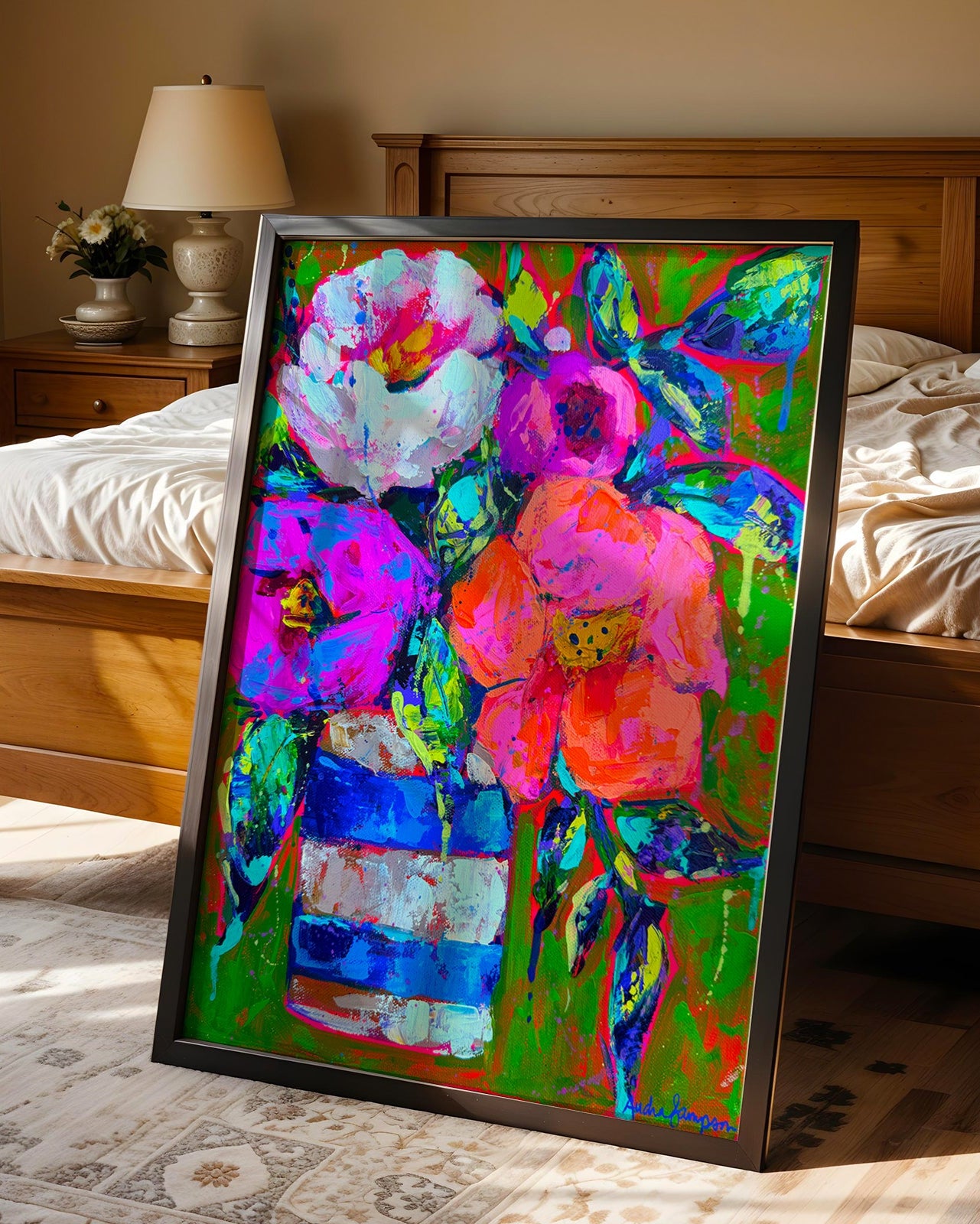 Blue Stripe Vase Floral Art Print on Paper or Canvas - Blue White Maximalist Flower Bouquet Art Poster