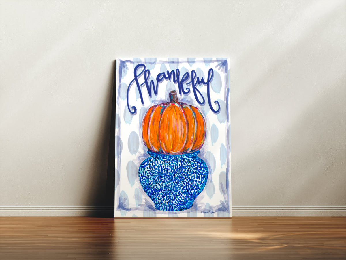 Thankful- Orange and Blue/White Pumpkin Reproduction Print