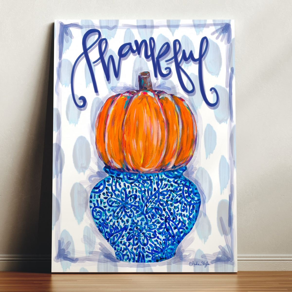 Thankful- Orange and Blue/White Pumpkin Reproduction Print