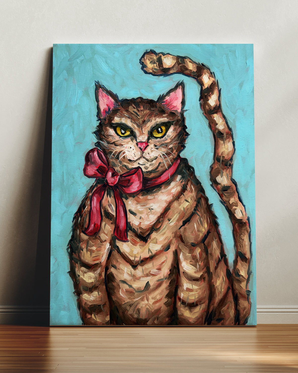 Brown Stripe Tabby Cat with Bow Art Print on Paper or Canvas - Kitty Cat Art Poster