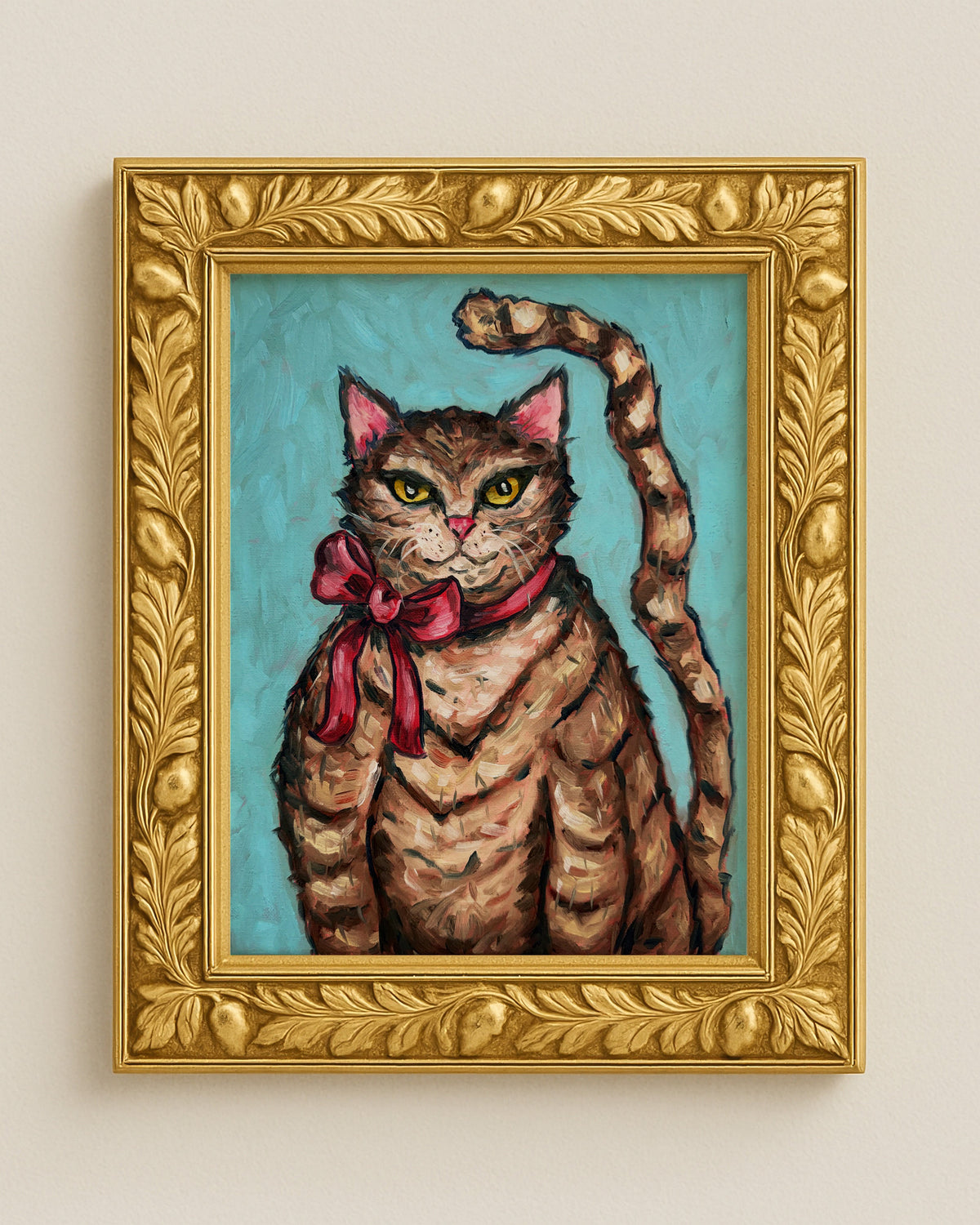 Brown Stripe Tabby Cat with Bow Art Print on Paper or Canvas - Kitty Cat Art Poster