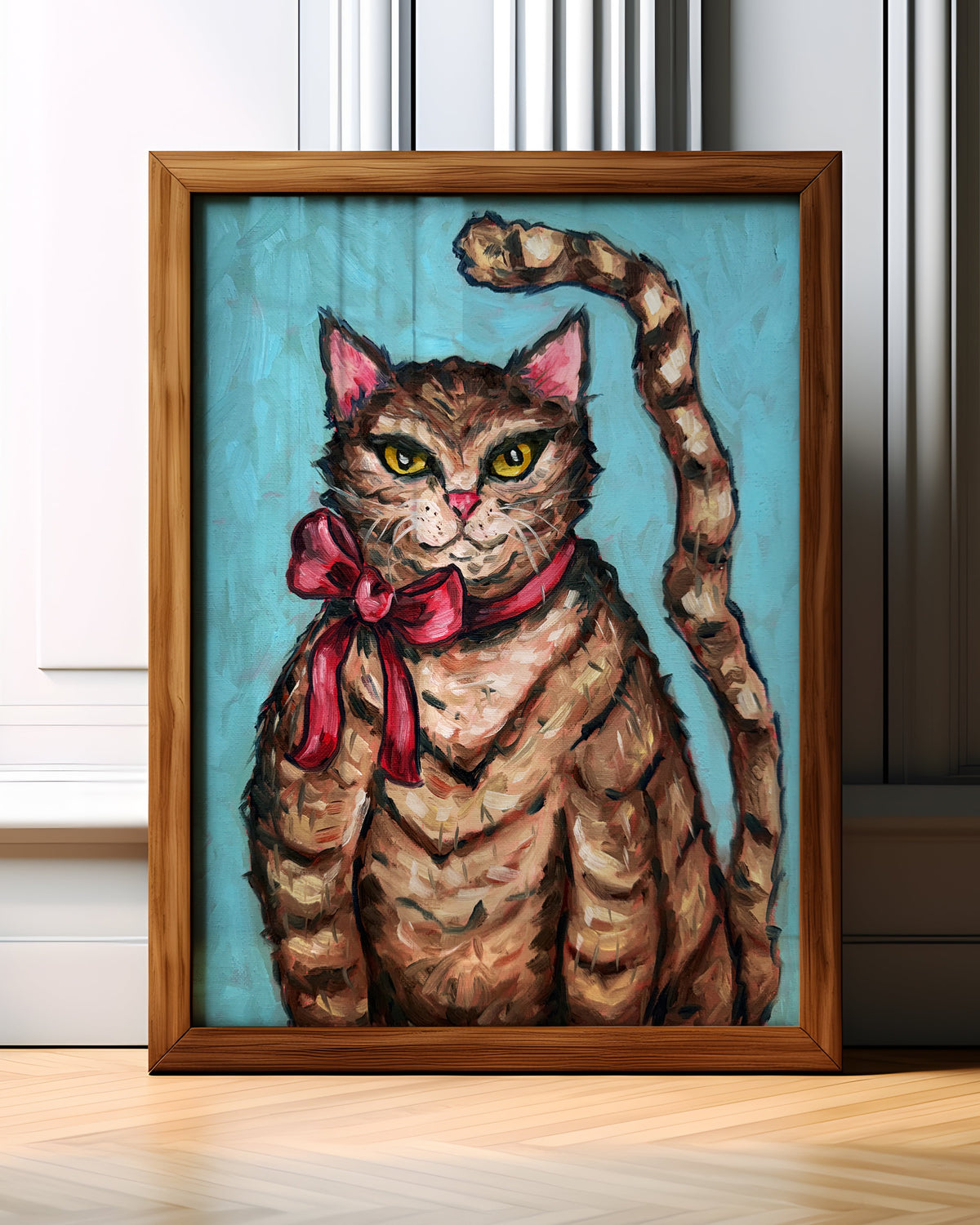 Brown Stripe Tabby Cat with Bow Art Print on Paper or Canvas - Kitty Cat Art Poster