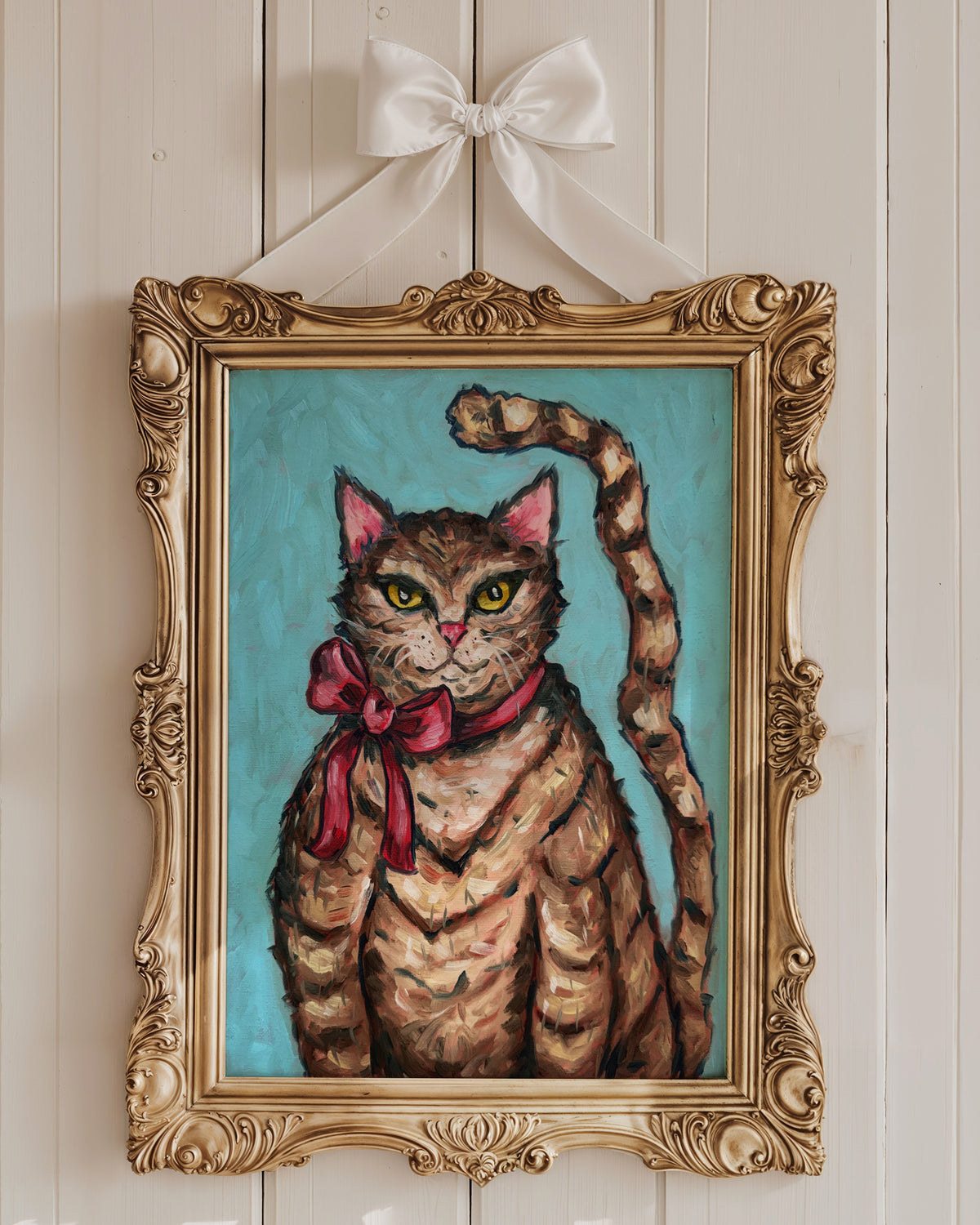 Brown Stripe Tabby Cat with Bow Art Print on Paper or Canvas - Kitty Cat Art Poster