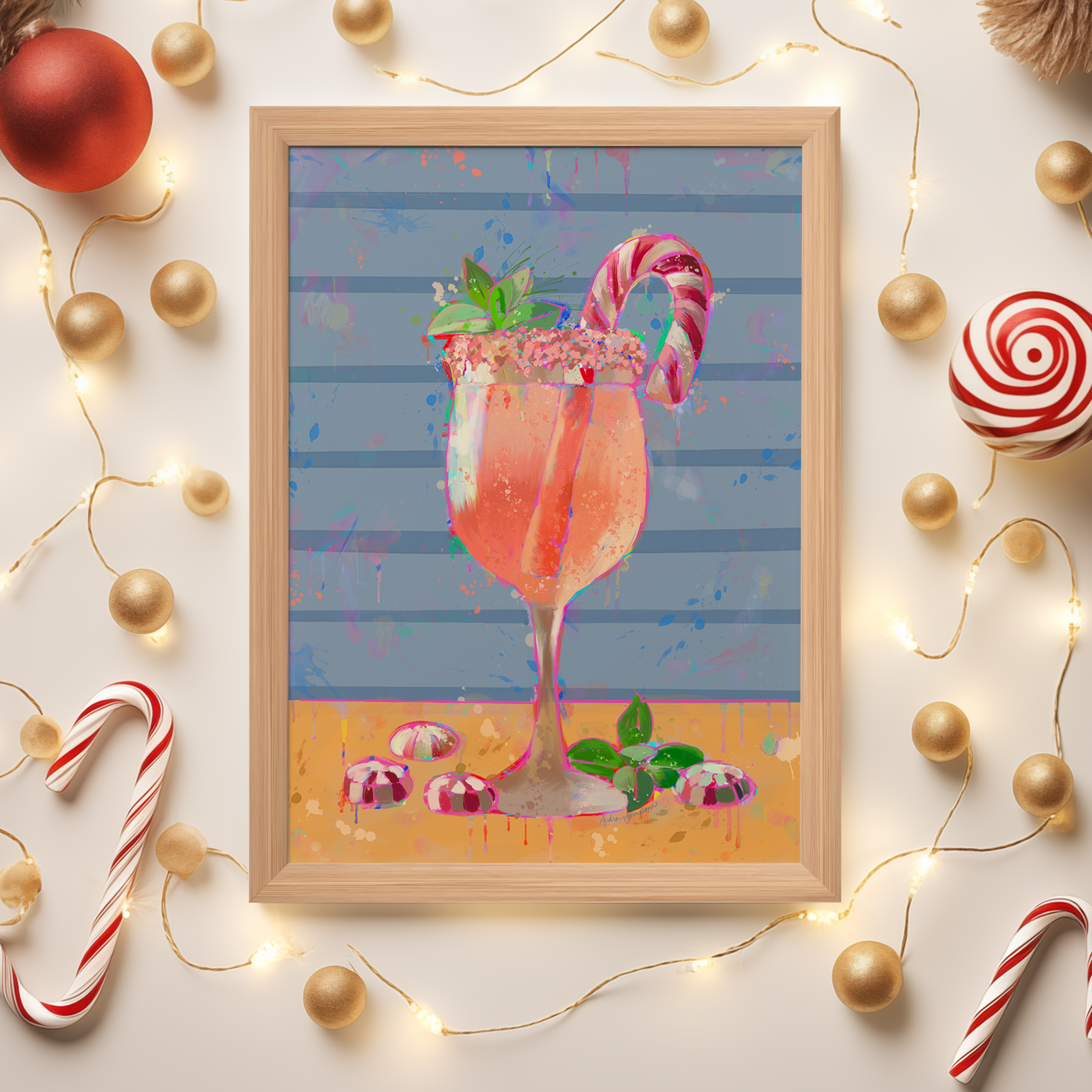 Candy Cane Wine Christmas Reproduction Print - On Paper or Canvas