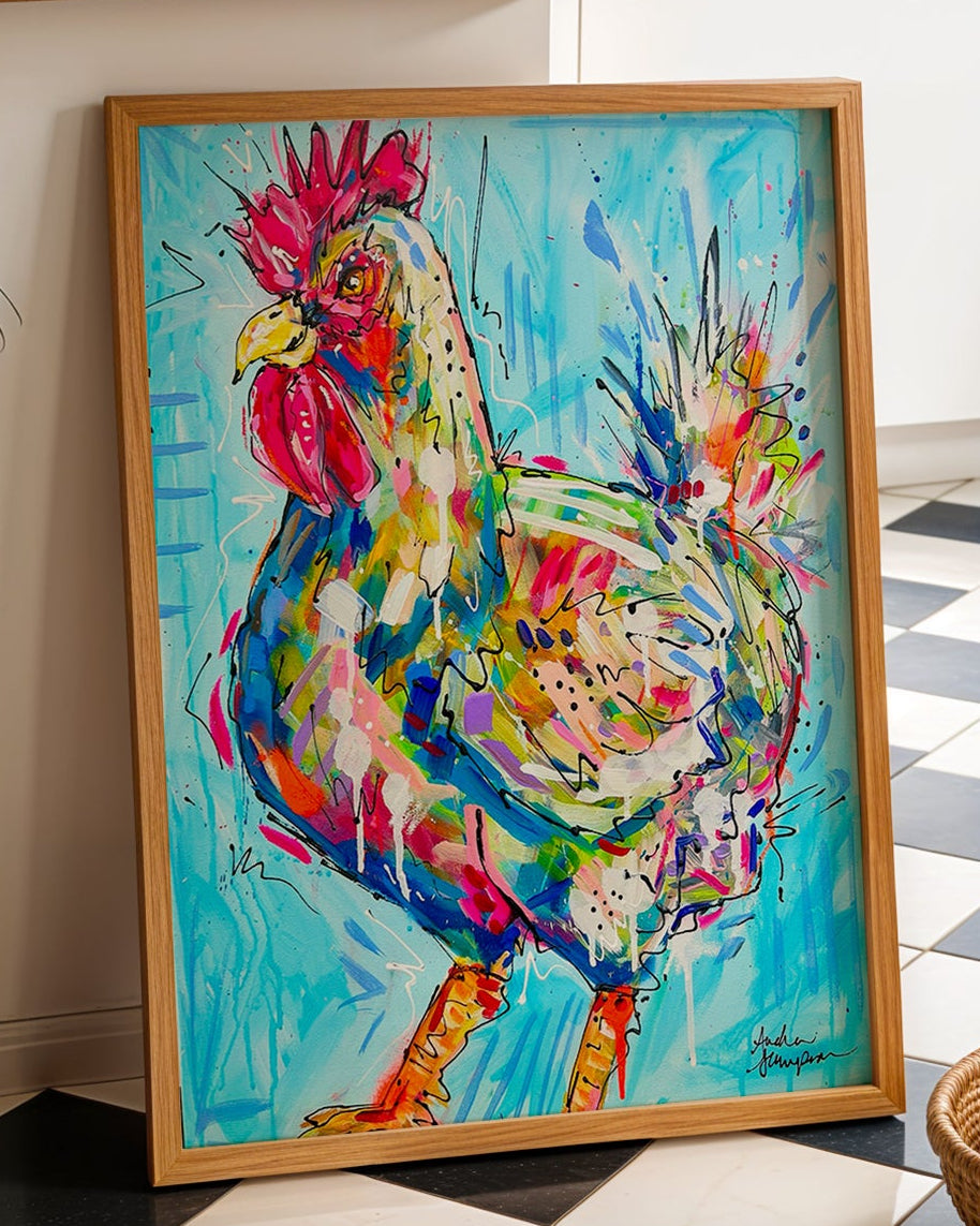 Chicken Art Print on Paper or Canvas - Maximalist Decor, Farmhouse Poster, Colorful Animal Art Print