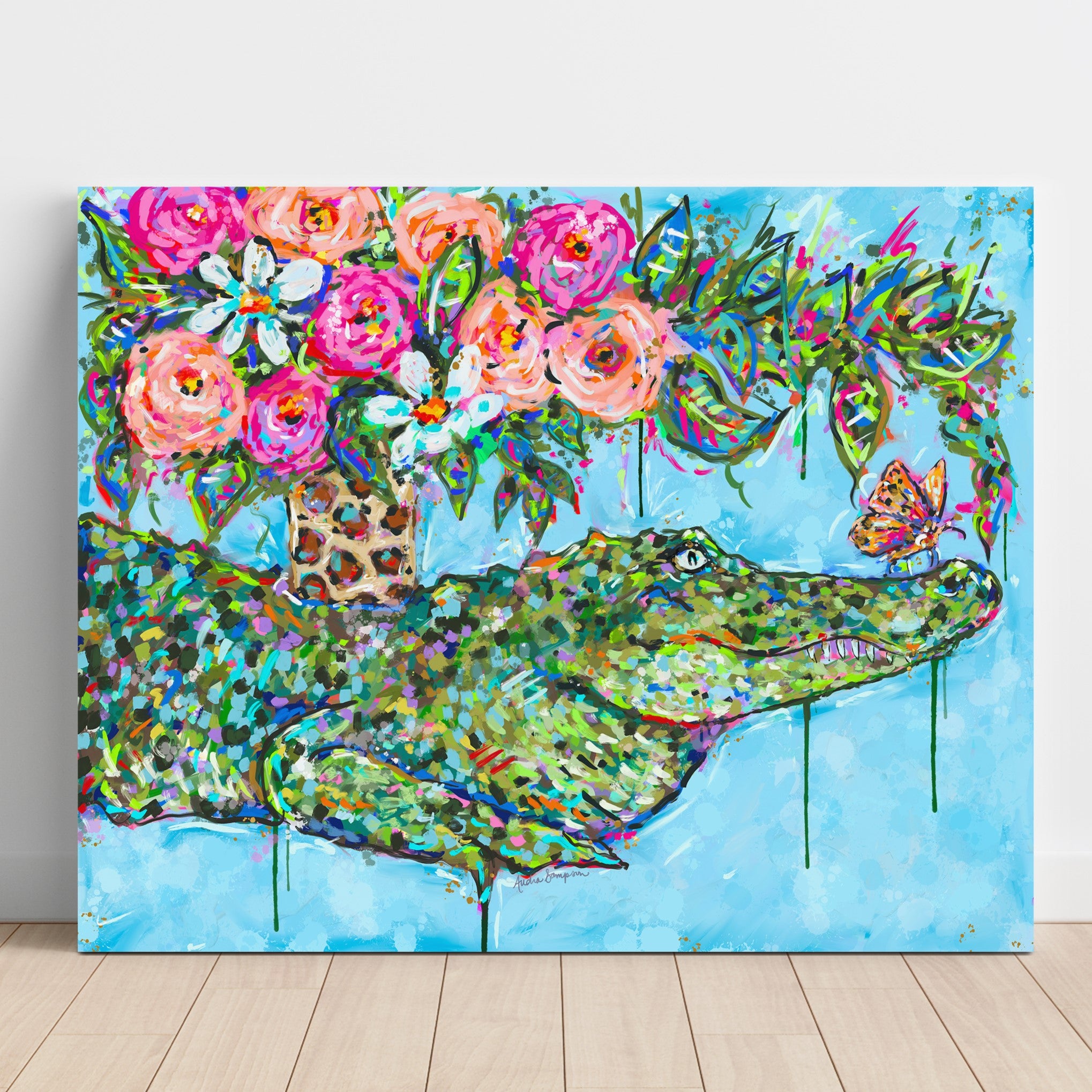 Clementine - Alligator With Bouquet Art Print on Paper or Canvas - Blue and White Floral Decor, Maximalist Art Poster