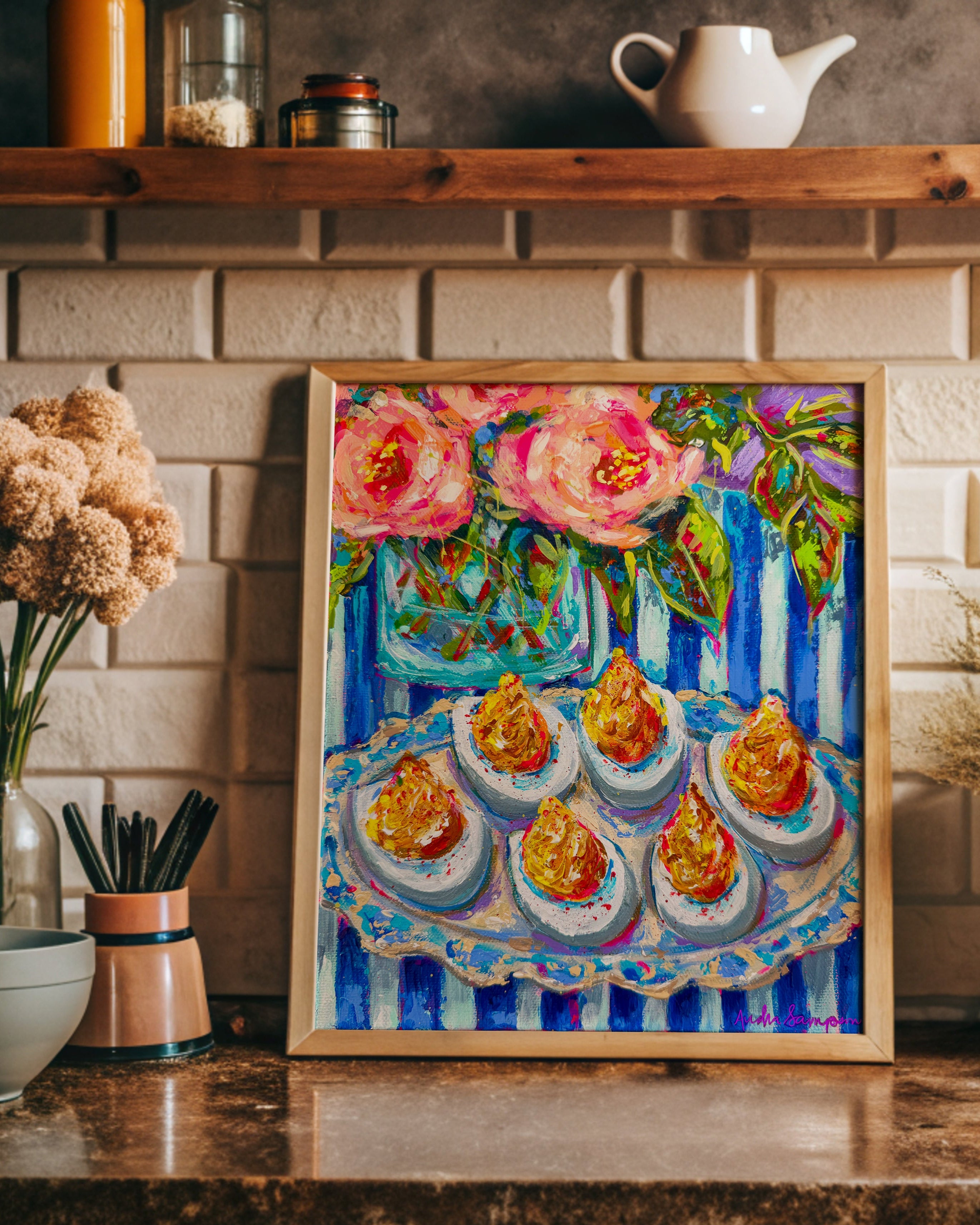 Deviled Eggs Flower Bouquet Art Print on Paper or Canvas - Maximalist Flower Bouquet Art Poster