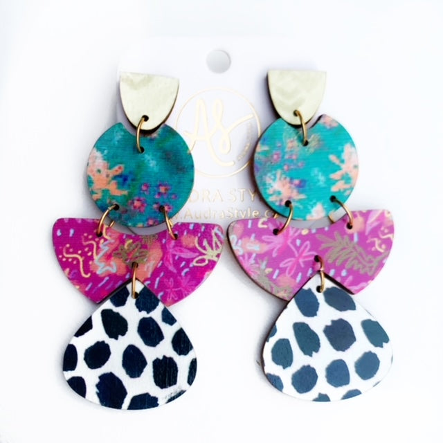 Eva - Teal Sweetgrass Floral Print Polka Dot Pattern Mix Earring