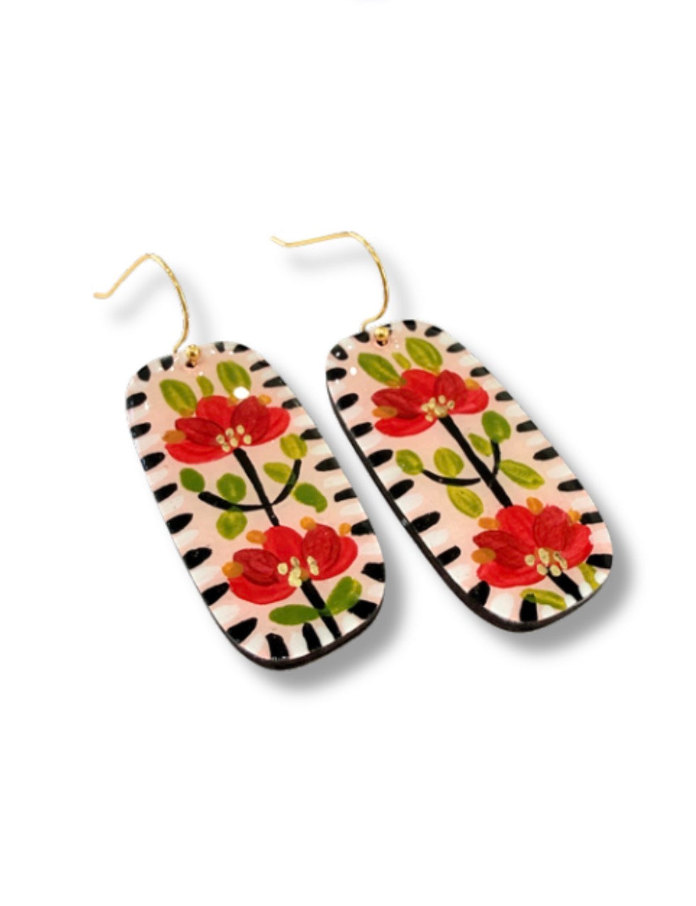 Red Flower Garden Hook Earrings — Hand Painted Wood — One of a Kind