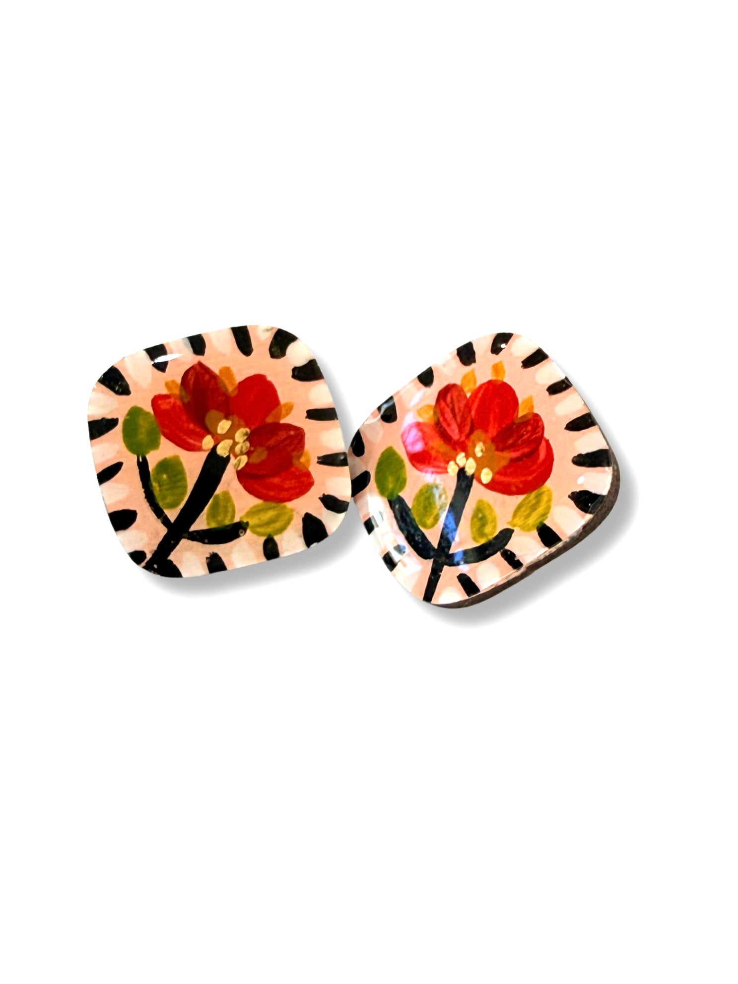 Red Folk Flower Stud Earrings — Hand Painted Wood — One of a Kind
