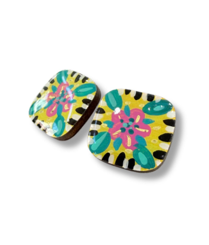 Yellow Mandala Stud Earrings — Hand Painted Wood — One of a Kind